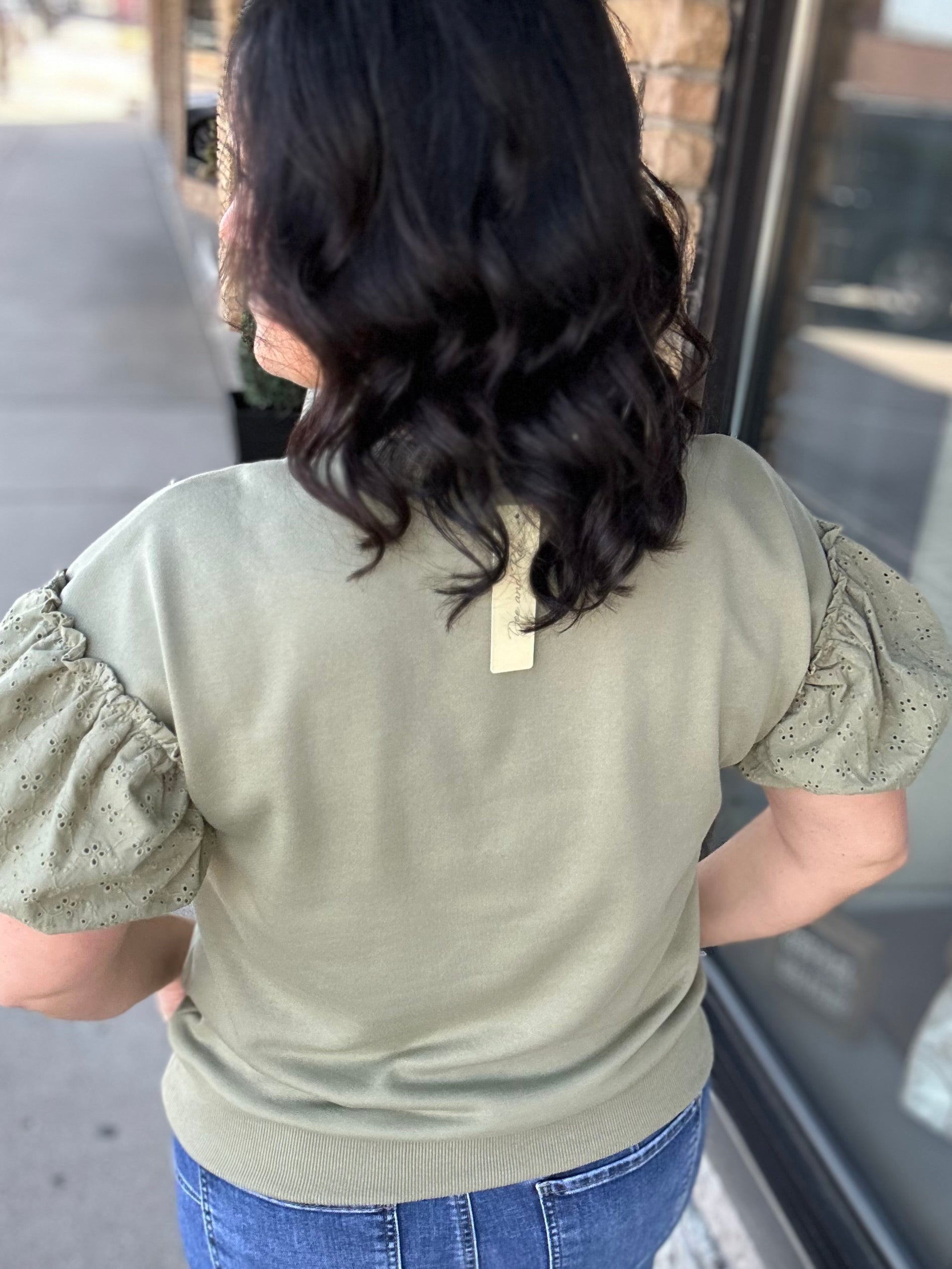 Sage Eyelet Contract Short Sleeve Sweatshirt Top - Sweatshirt DOE & RAE