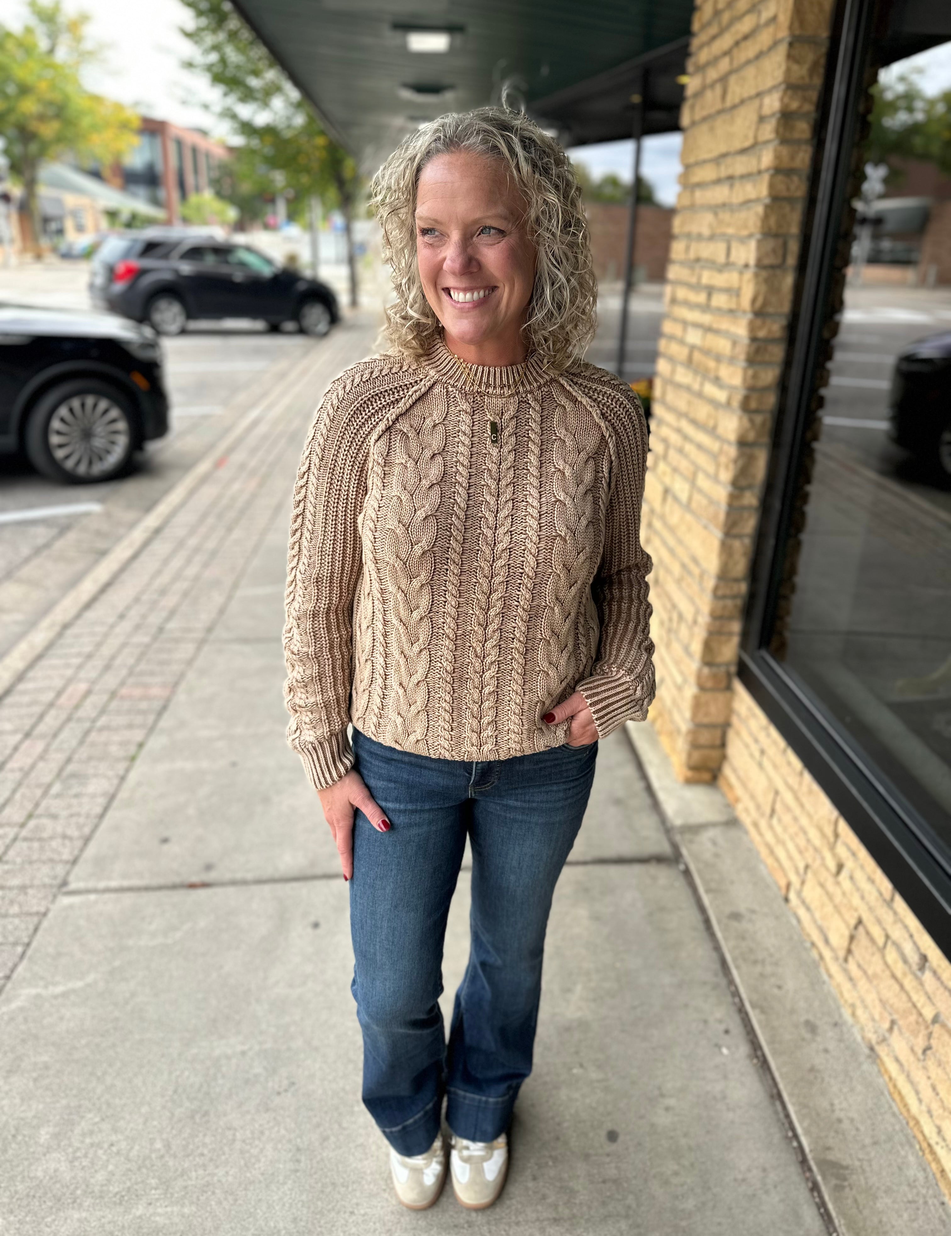Cognac Vienna Washed Cable Knit Sweater Top - Sweater FLAG AND ANTHEM