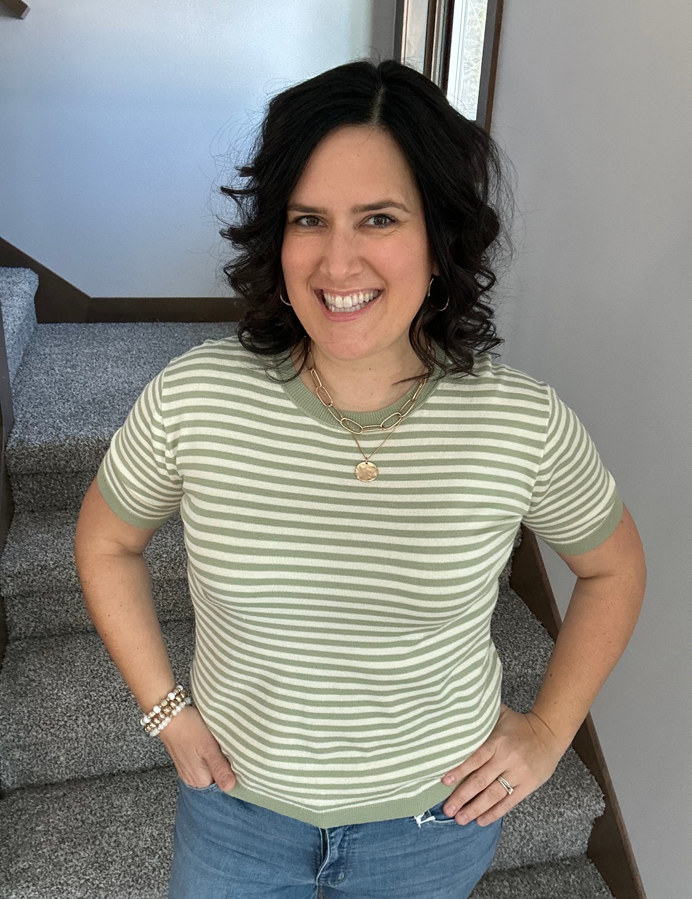 Sage Striped Half Sleeve Sweater Top - Sweater STACCATO