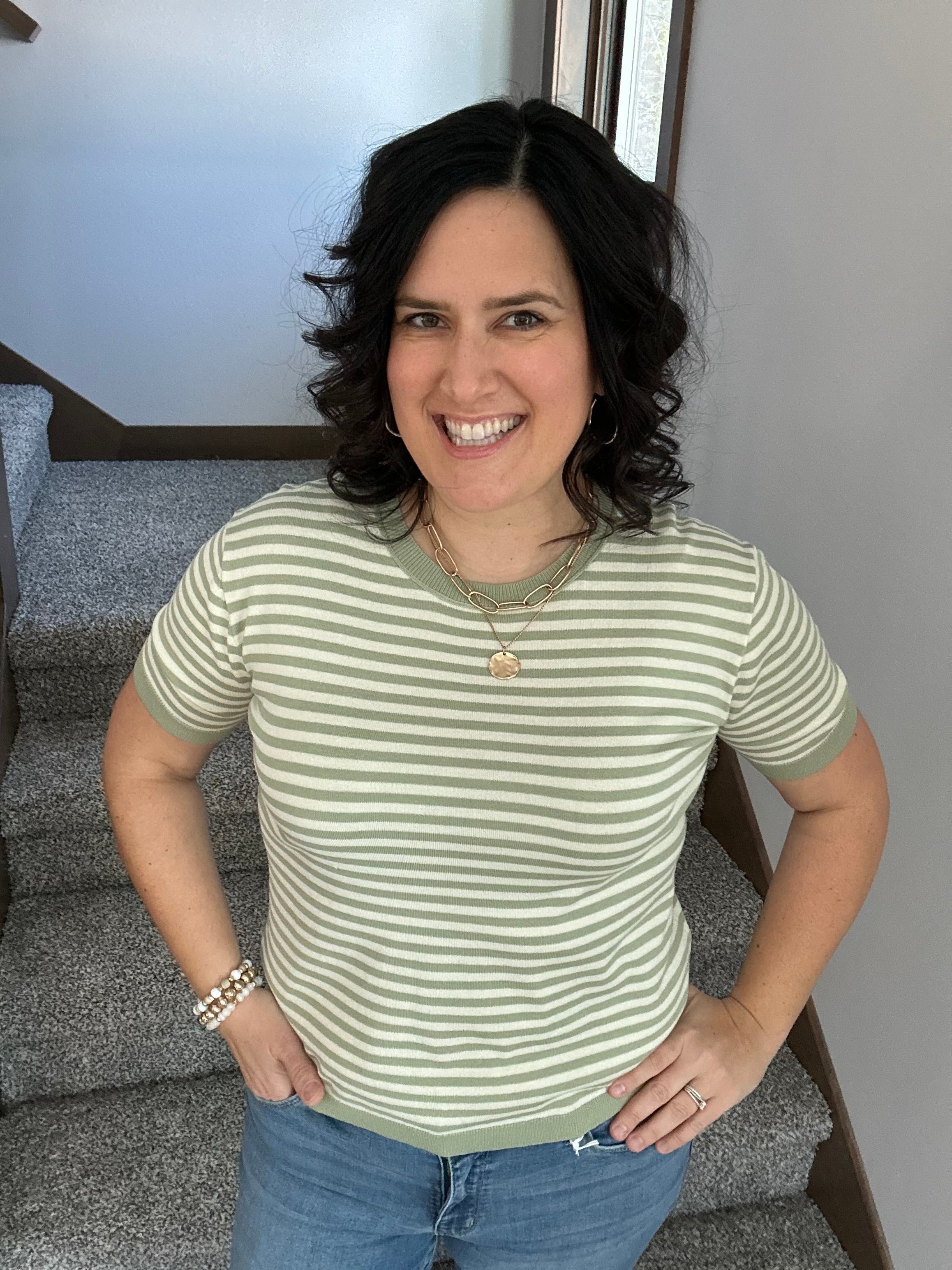 Sage Striped Half Sleeve Sweater Top - Sweater STACCATO