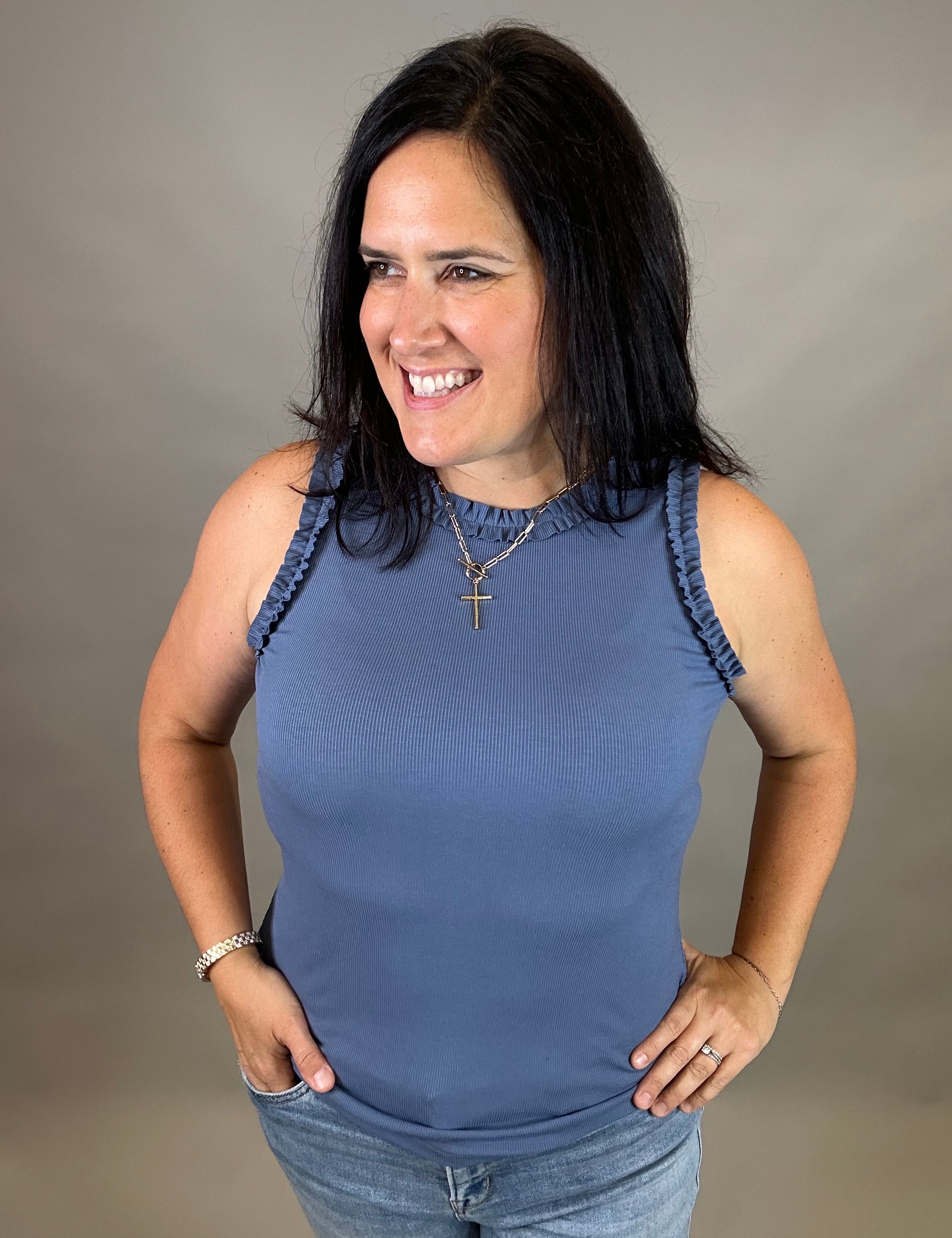 Denim Ruffle Tank Tops- Tanks DOE & RAE