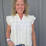 Cream Flutter Sleeve Button Down Top Tops- Blouses THML
