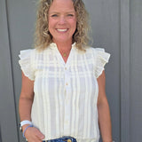 Cream Flutter Sleeve Button Down Top Tops- Blouses THML