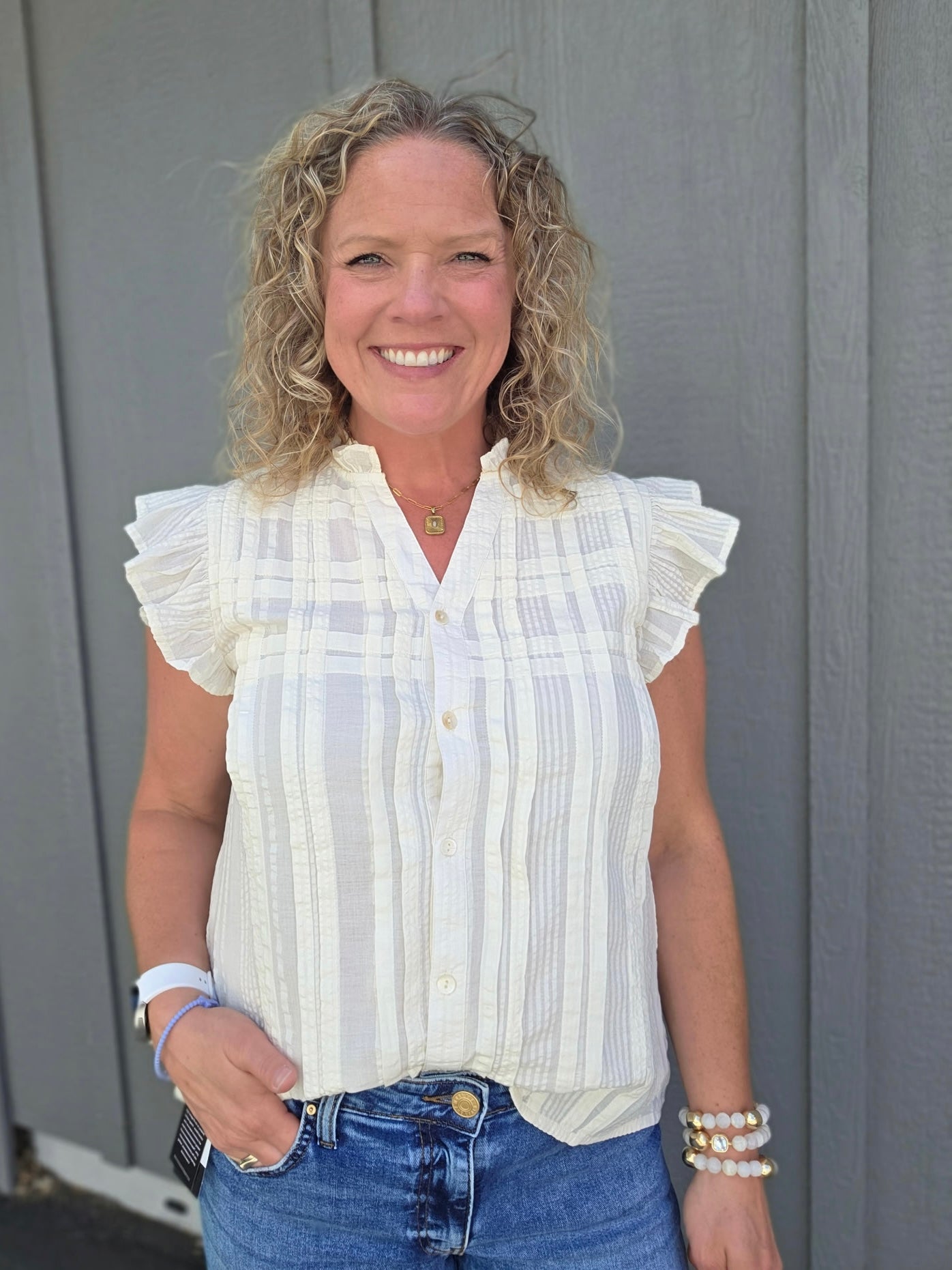 Cream Flutter Sleeve Button Down Top Tops- Blouses THML