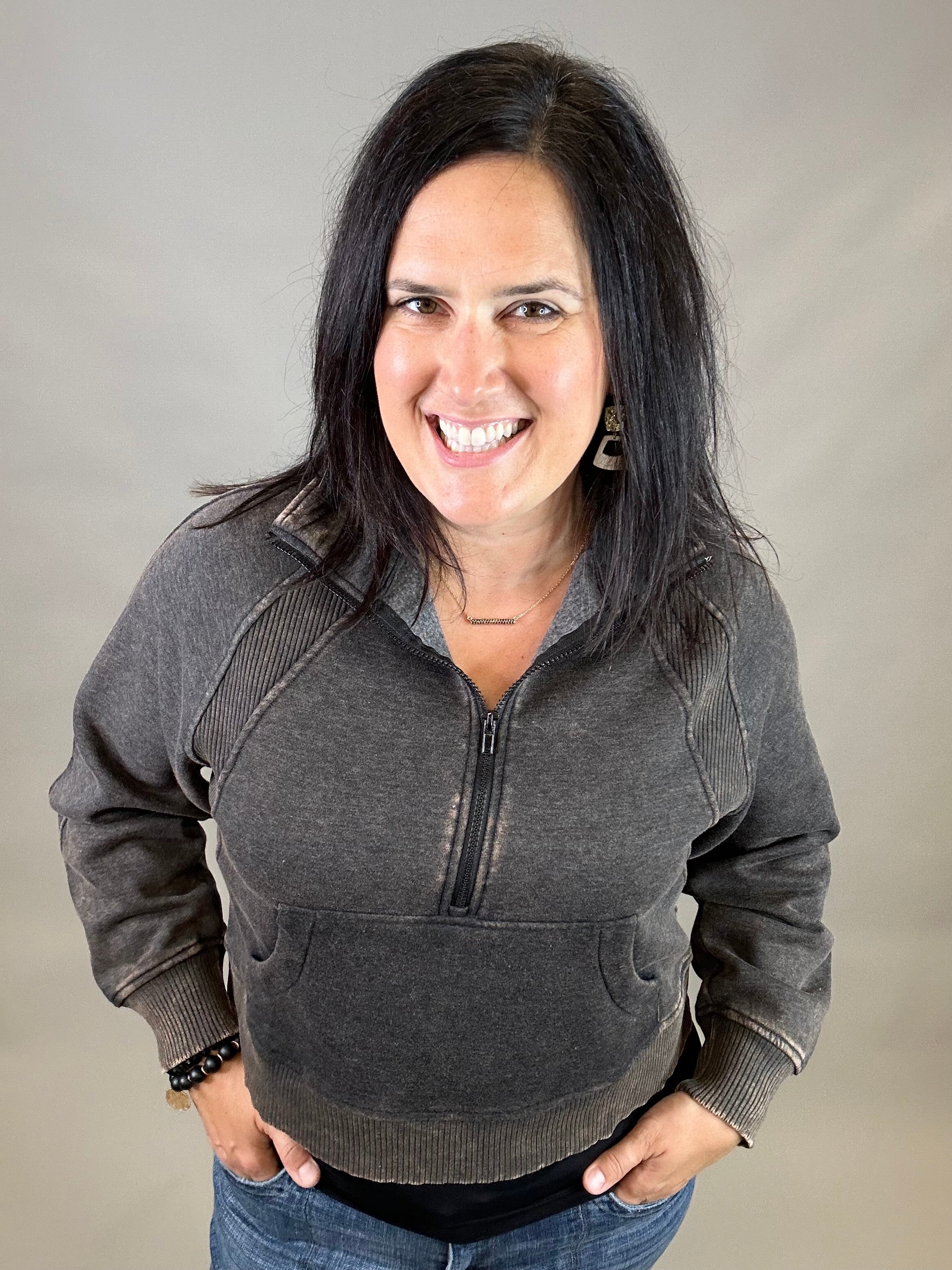 Ash Black Half Zip Pullover Top - Sweatshirt ZENANA