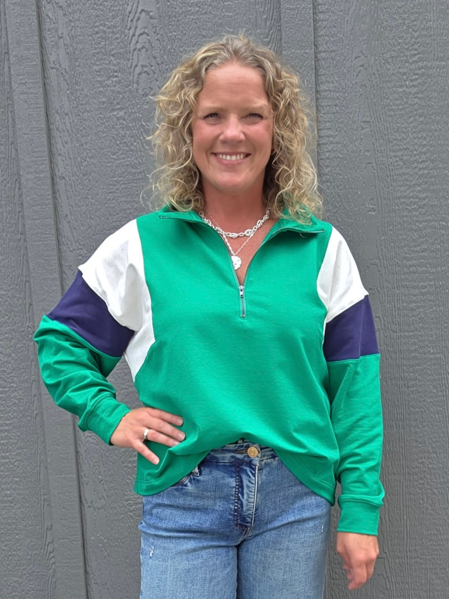Green & Navy Combo Half Zip Oversized Sweatshirt Top - Sweatshirt WISHLIST