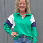 Green & Navy Combo Half Zip Oversized Sweatshirt Top - Sweatshirt WISHLIST