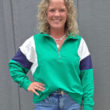 Green & Navy Combo Half Zip Oversized Sweatshirt Top - Sweatshirt WISHLIST