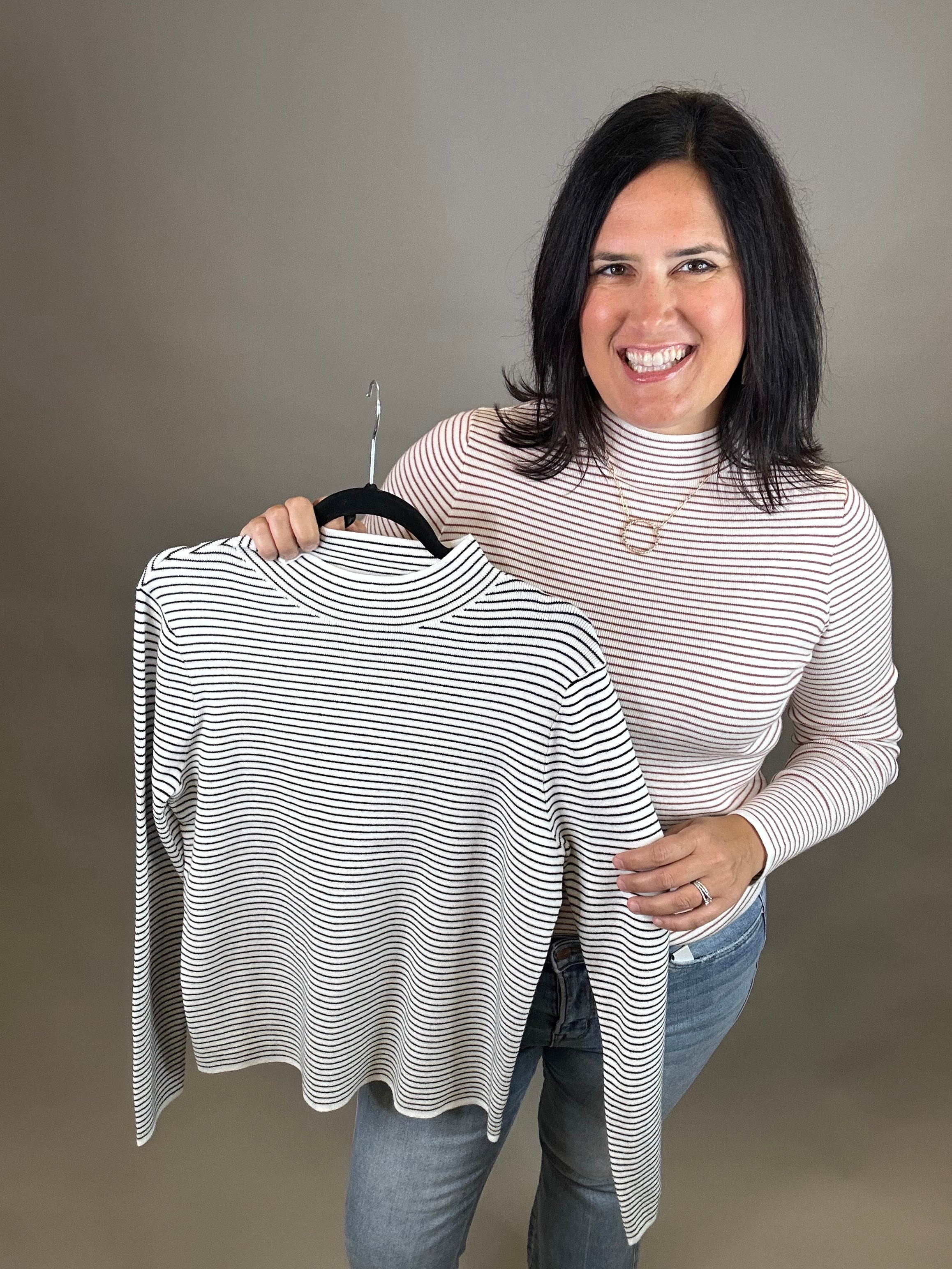 Ivory/Black Pinstripe Mock Neck Sweater Top - Sweater STACCATO