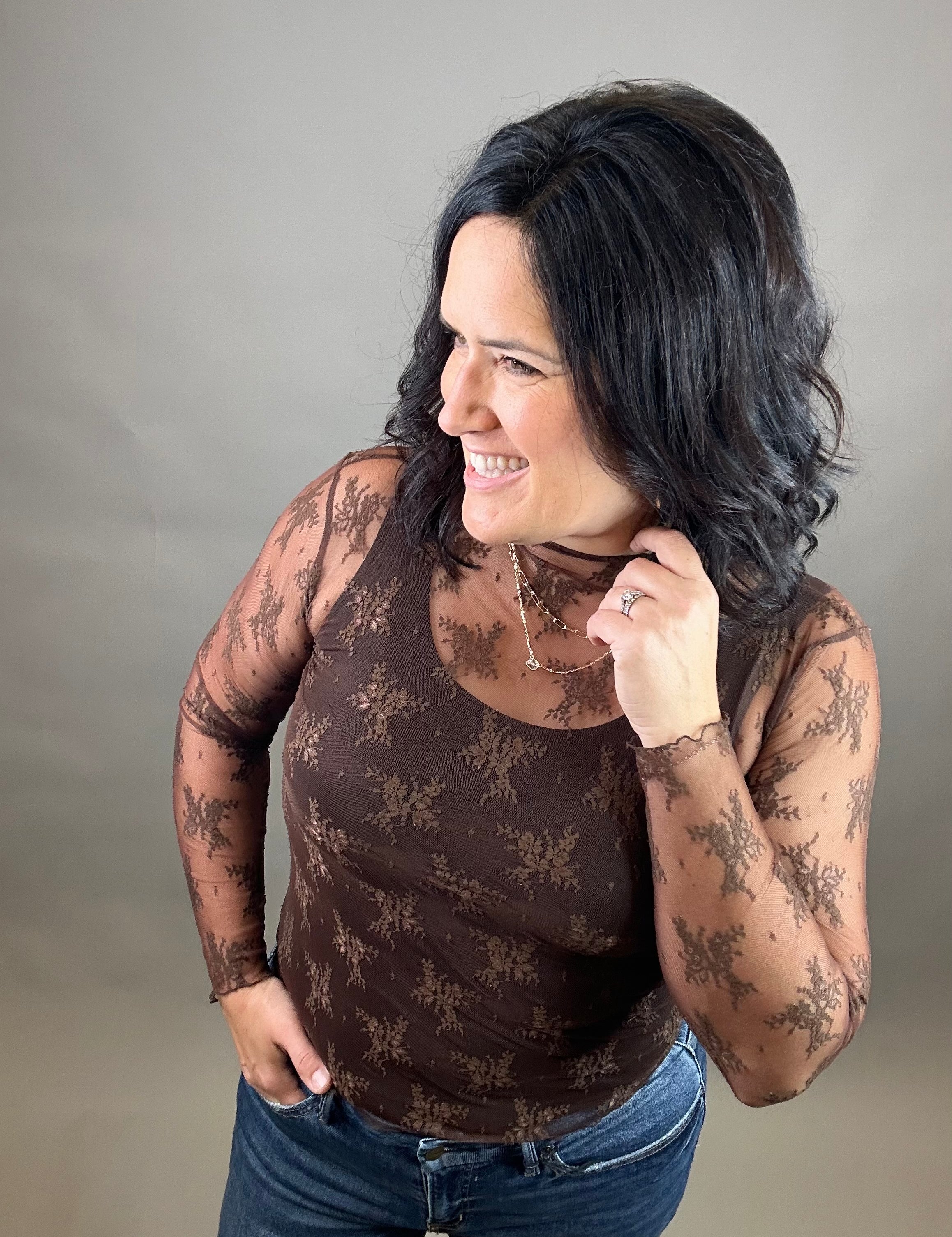 Brown Long Sleeve Lace Top Tops- Blouses ZENANA