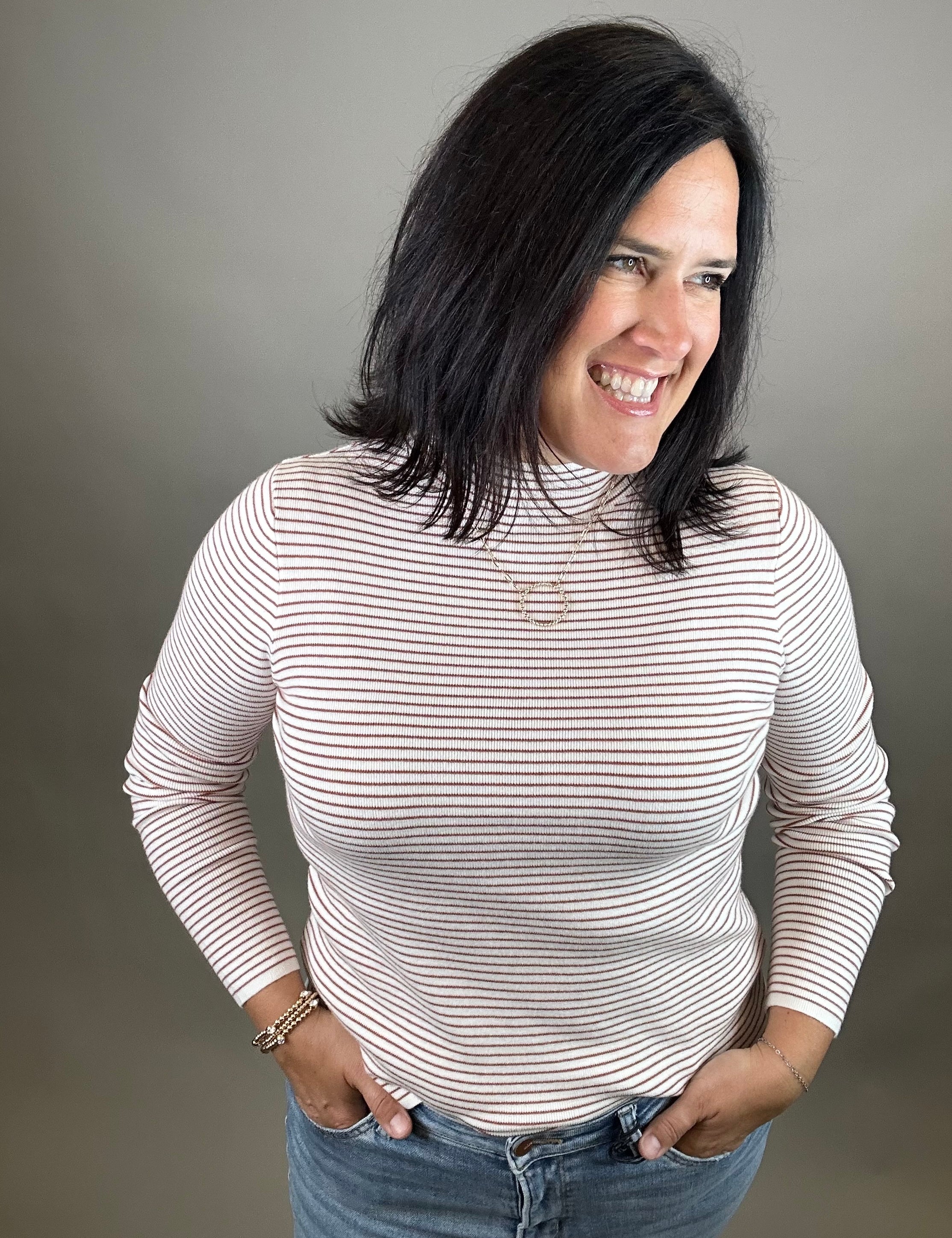 Ivory/Copper Pinstripe Mock Neck Sweater Top - Sweater STACCATO