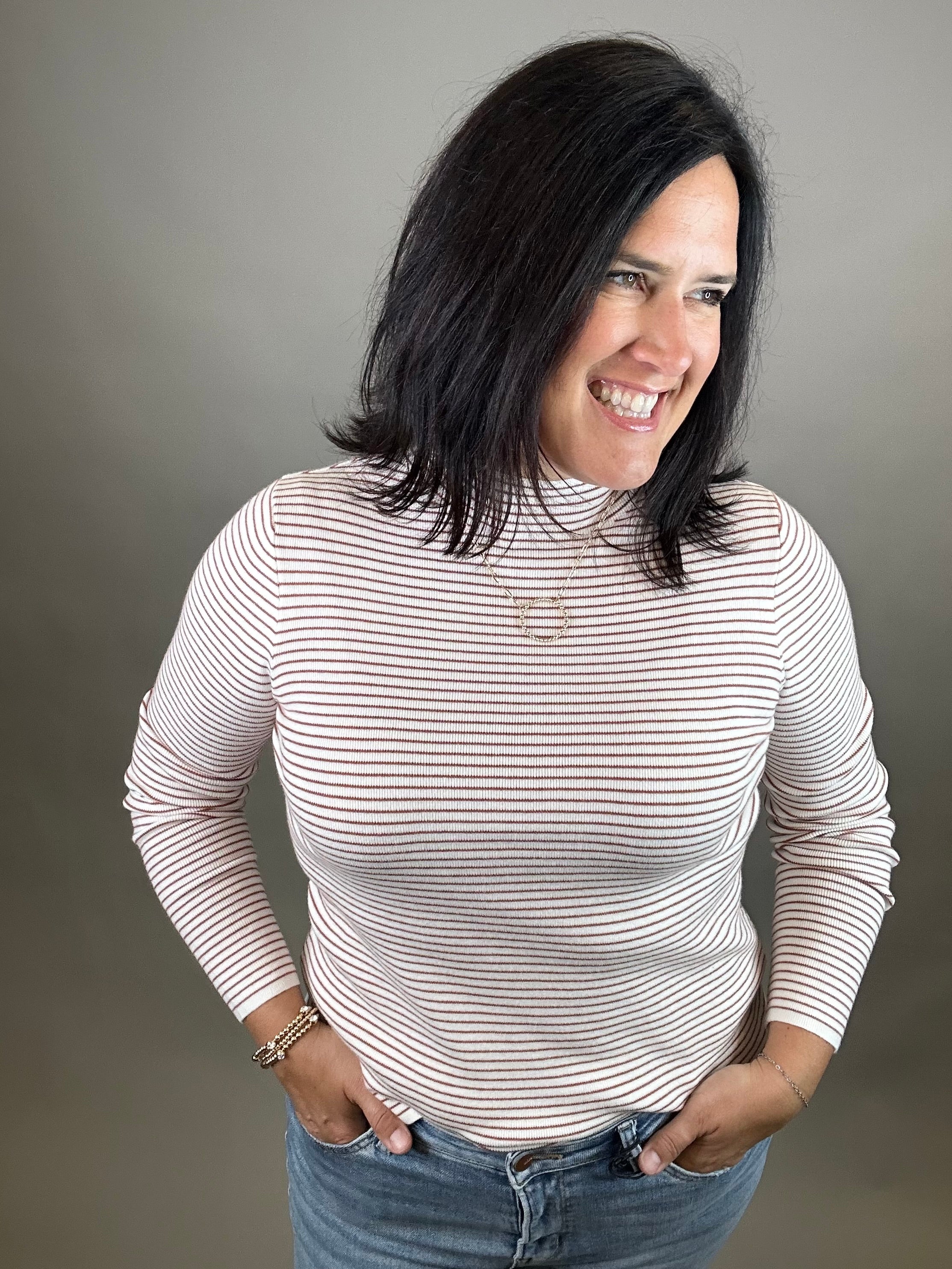 Ivory/Copper Pinstripe Mock Neck Sweater Top - Sweater STACCATO