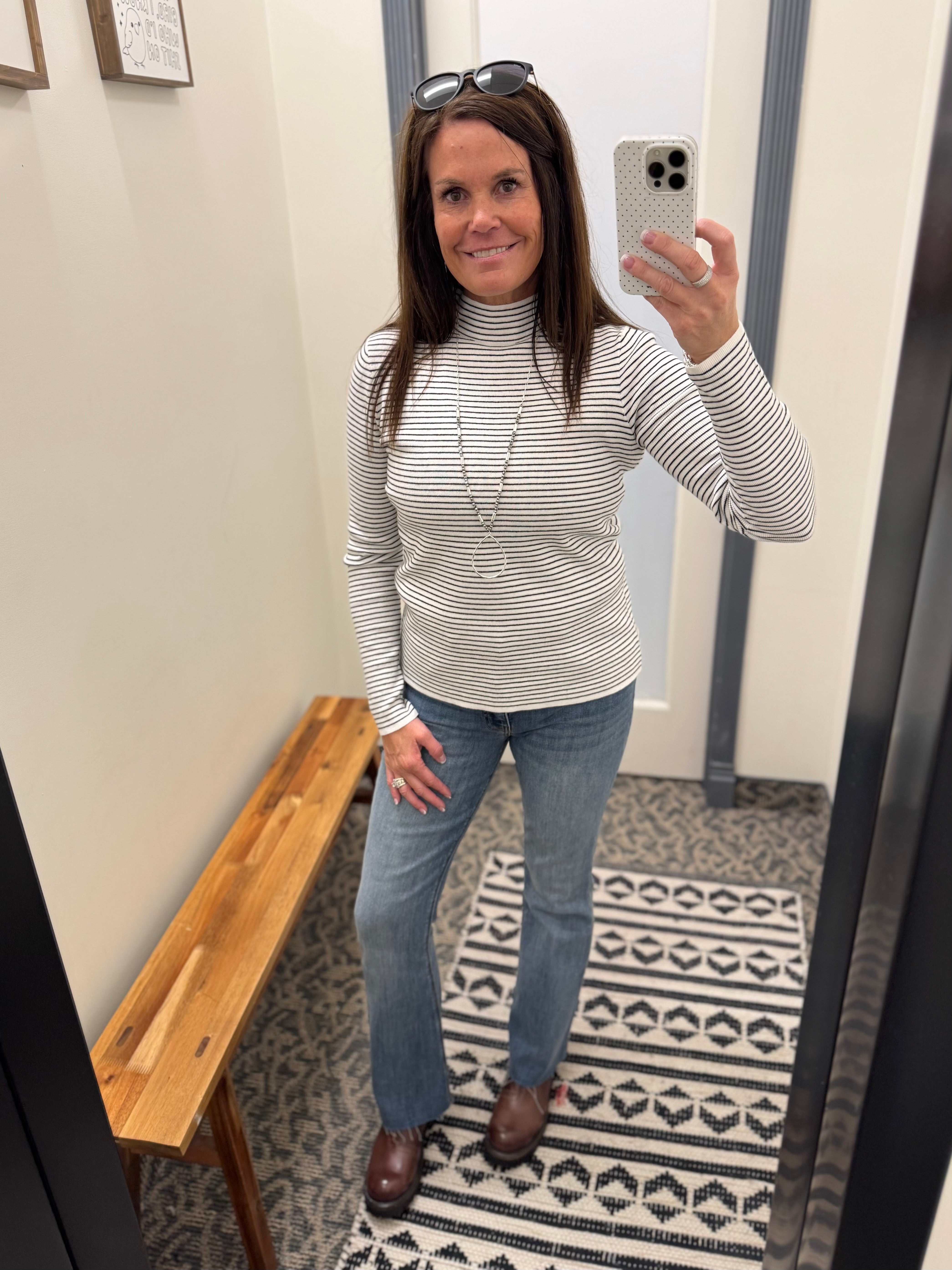 Ivory/Black Pinstripe Mock Neck Sweater Top - Sweater STACCATO