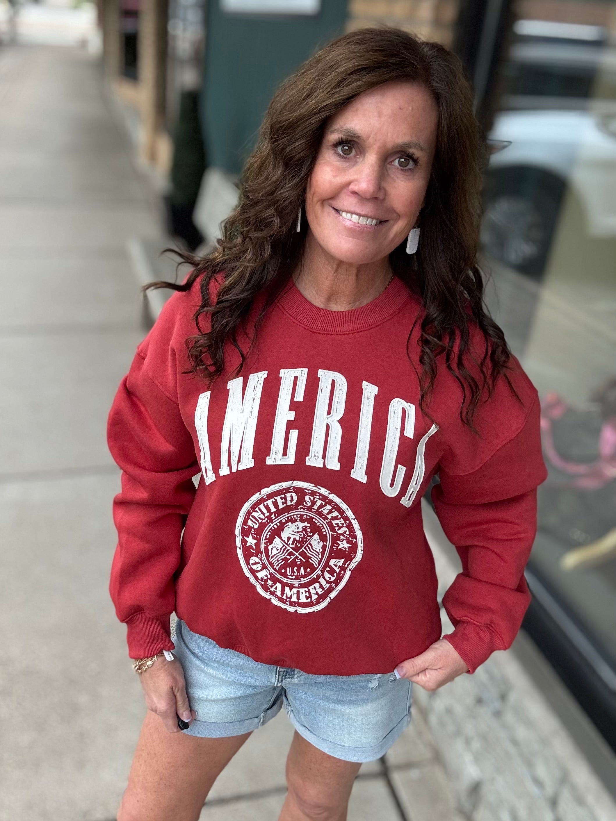 Red America Graphic Fleece Sweatshirt Top- Sweatshirt BUCKETLIST