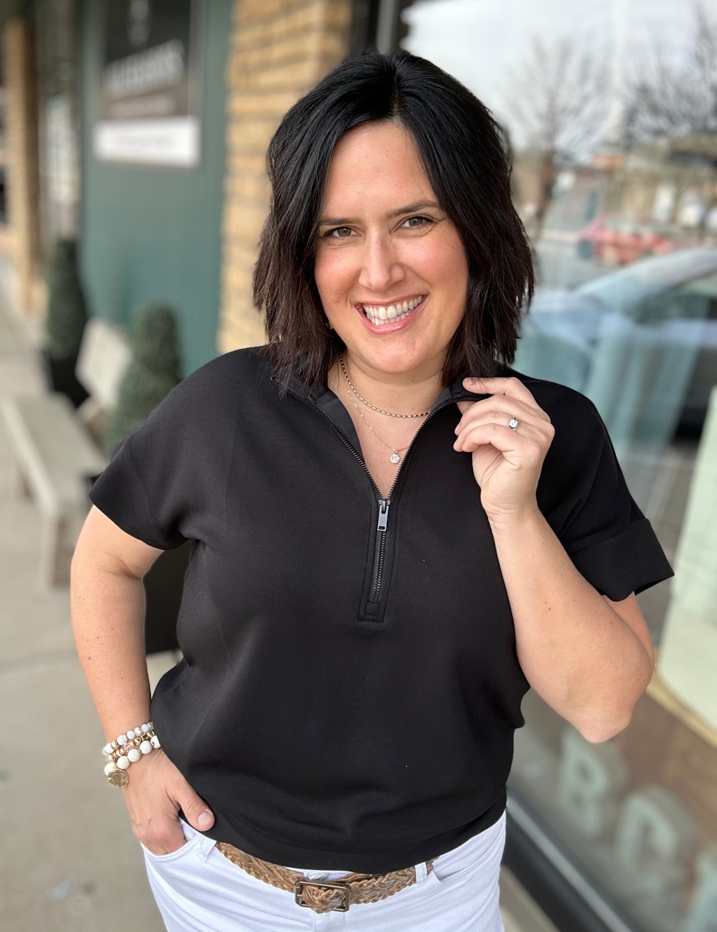 Black Quarter Zip Short Sleeve Top Top - Tee RAE MODE