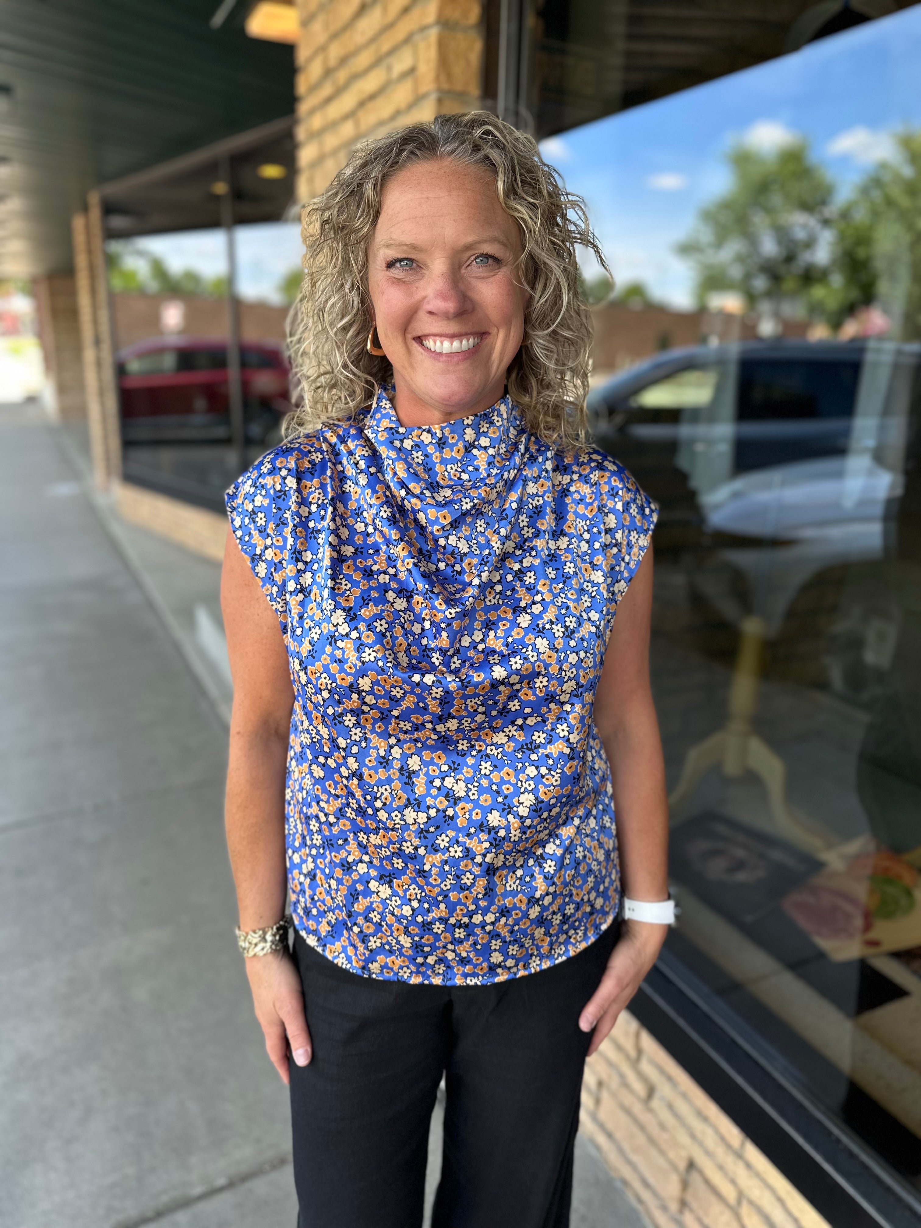 Blue Floral Sleeveless Top Tops- Blouses THML