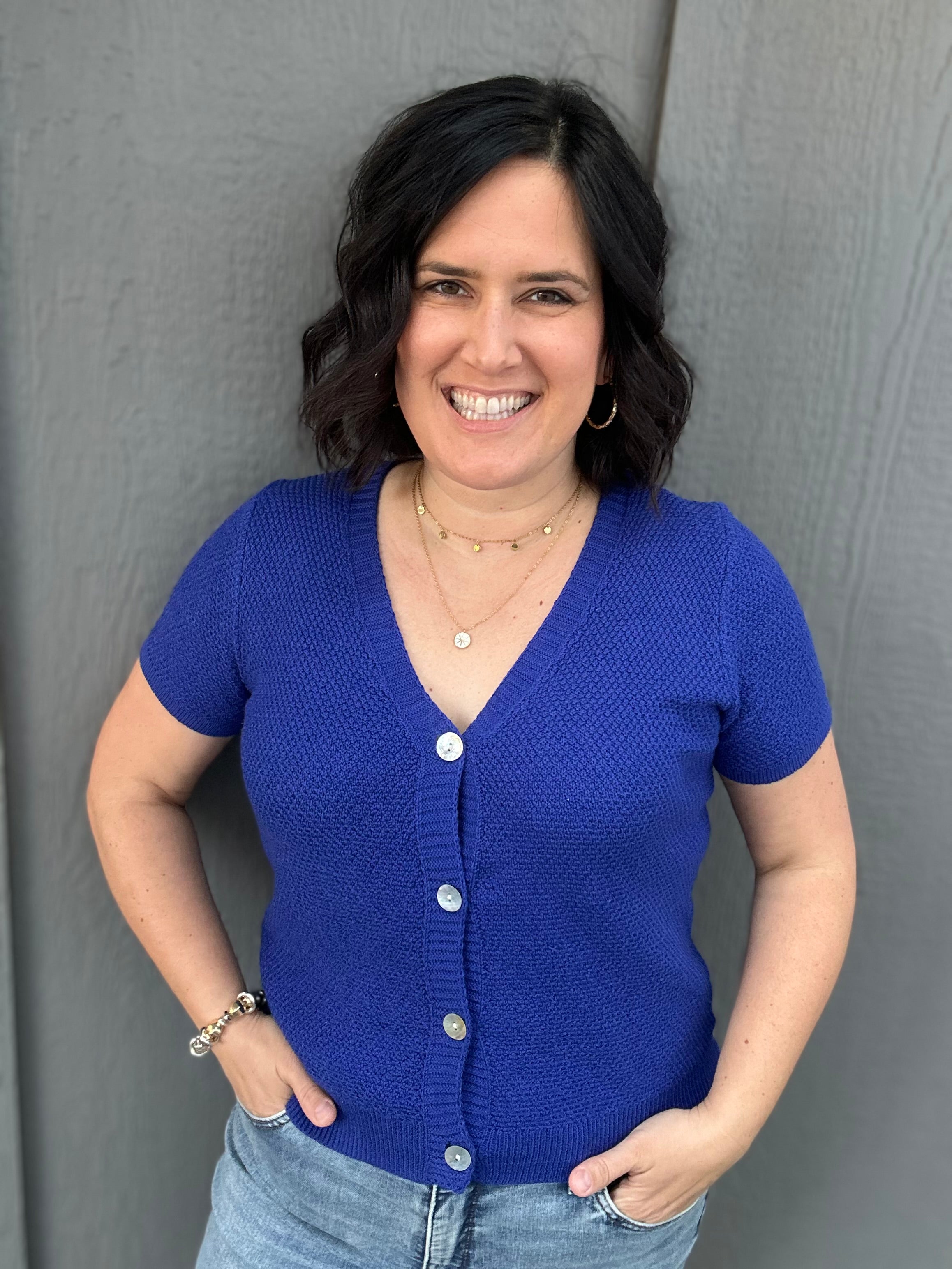 Royal Blue Waffle V Neck Cardigan Tops- Cardigans STACCATO