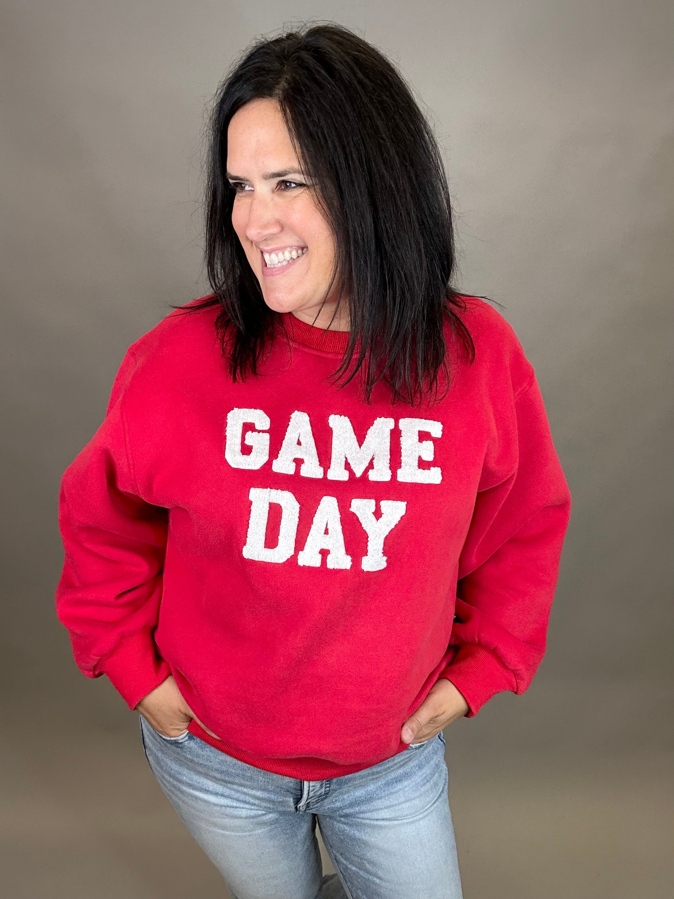 Red Game Day Sweatshirt Top- Sweatshirts PANACHE