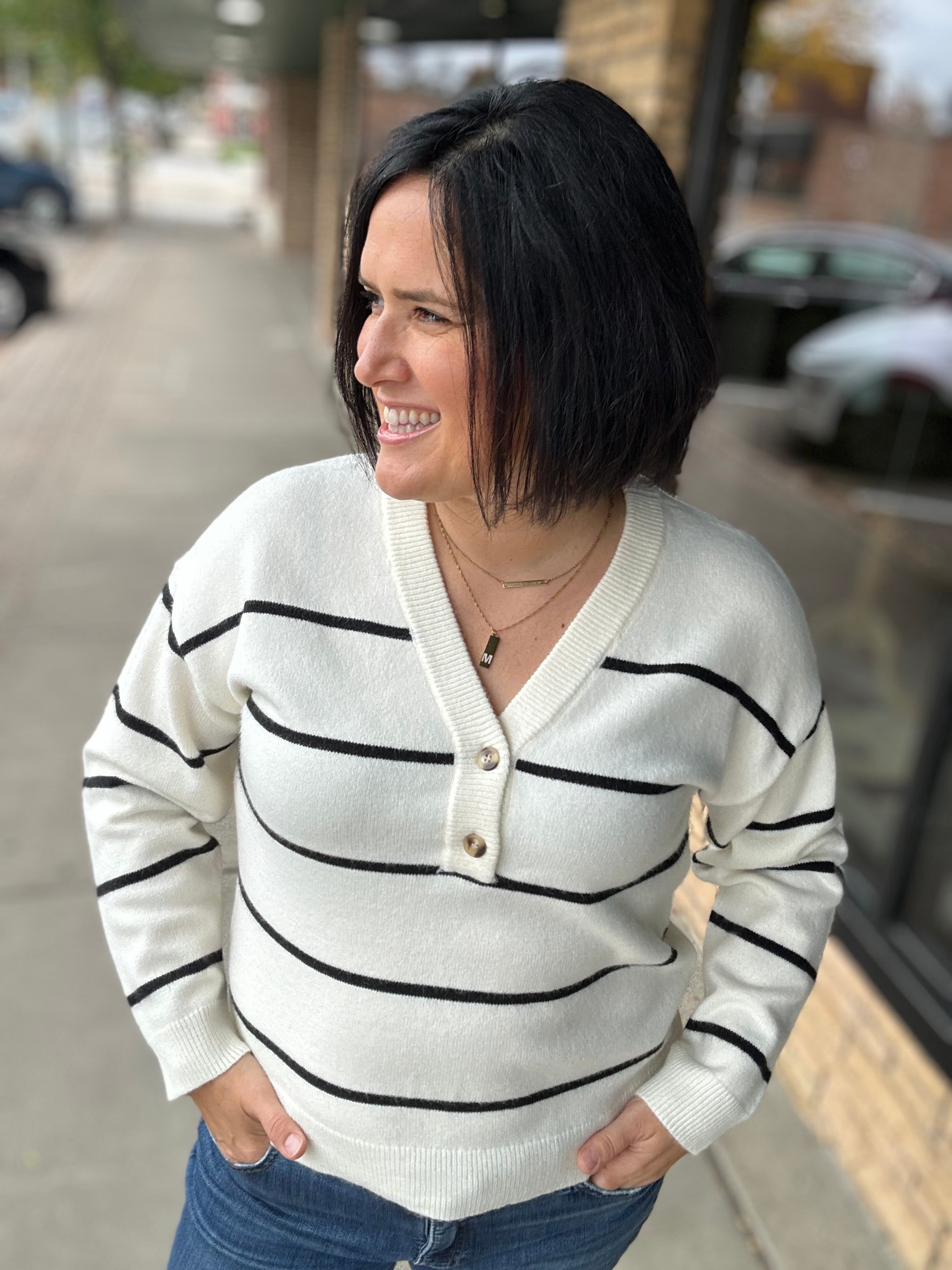 Ivory Black Stripe Brianna Sweater Top - Sweater THREAD & SUPPLY