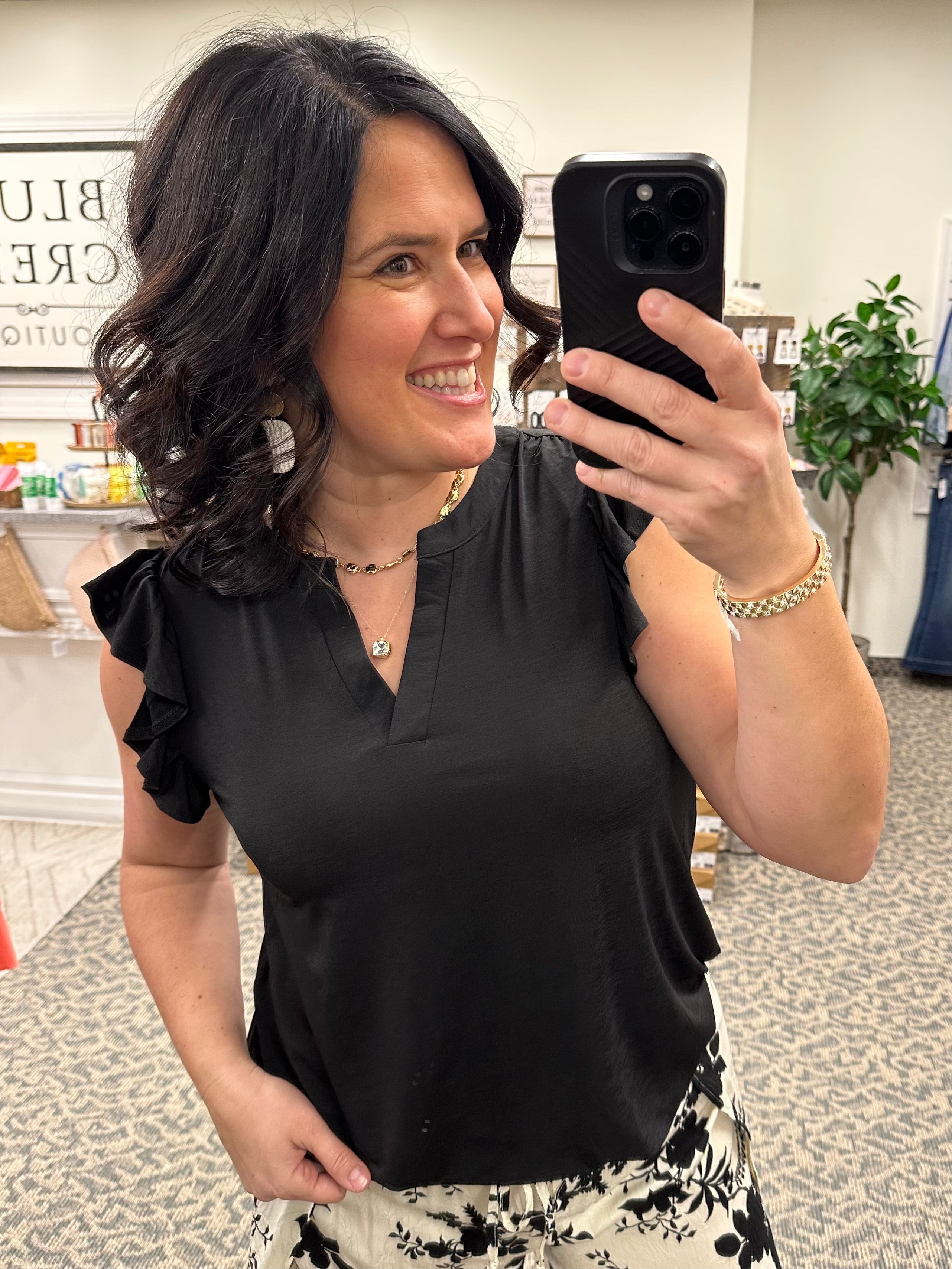 Black Flutter Sleeve Lizzy Top Tops- Blouses DEAR SCARLETT