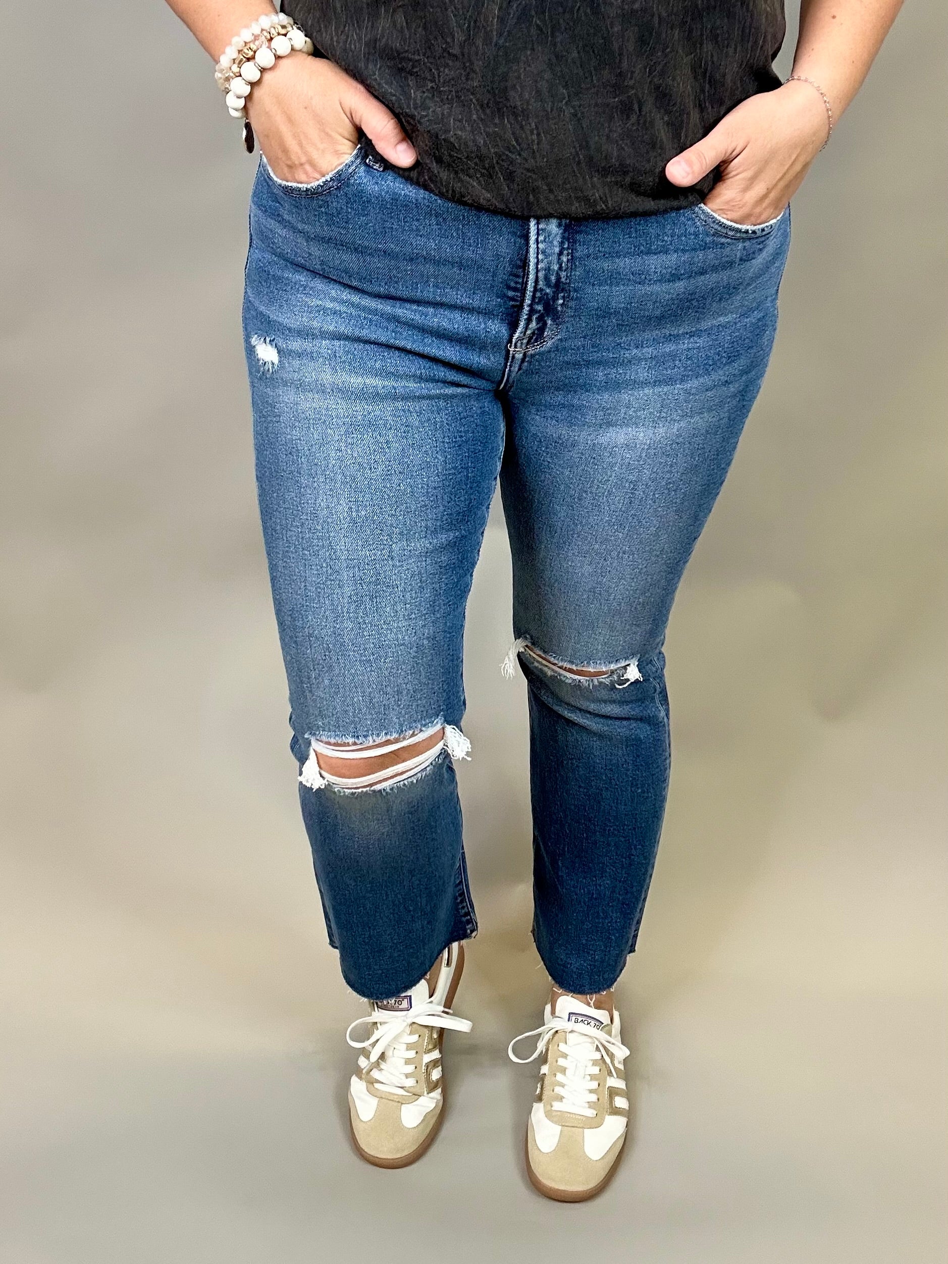 Dark Crop Straight Jeans Bottom- Pants RISEN