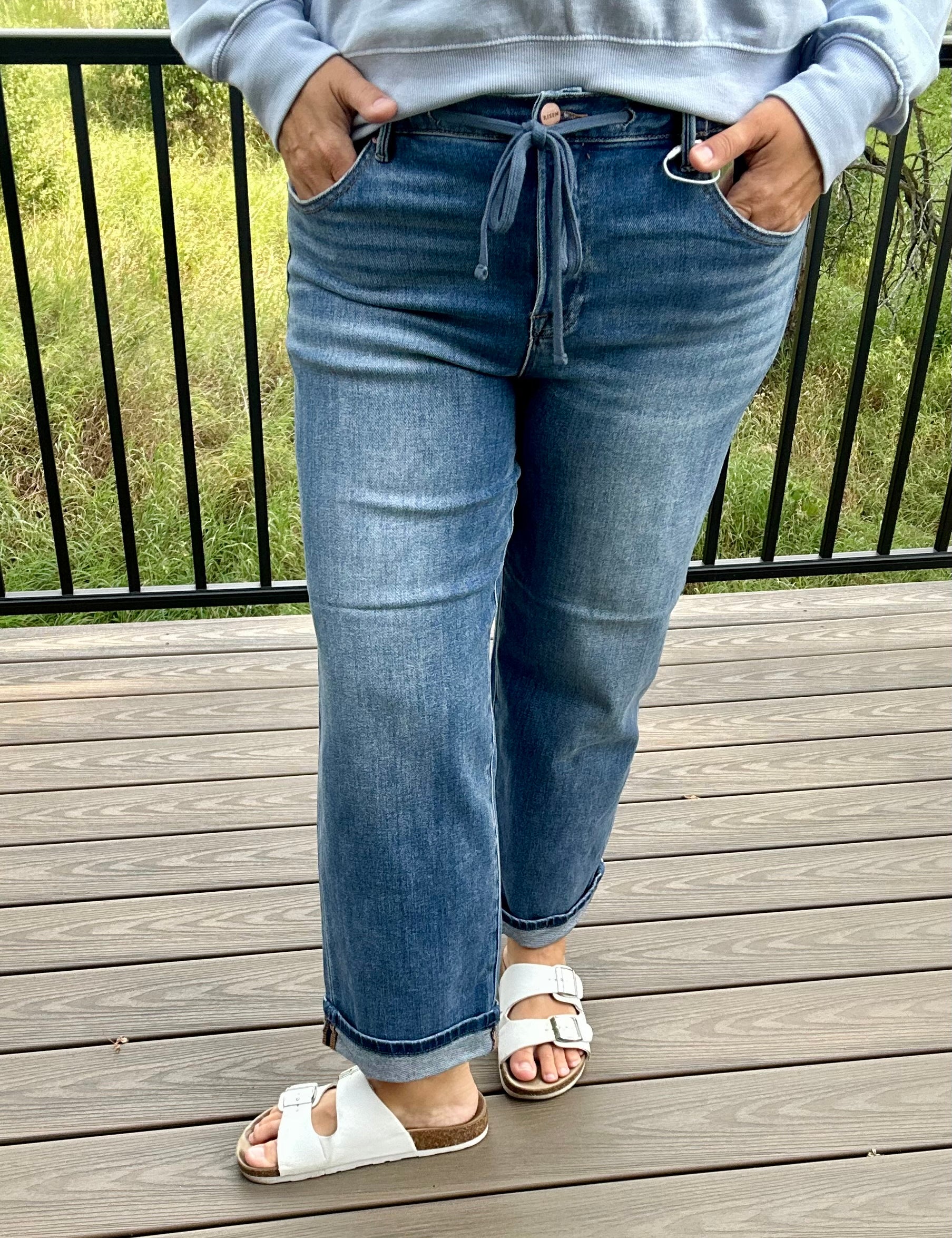 Boyfriend Drawstring Jeans Bottom- Pants RISEN