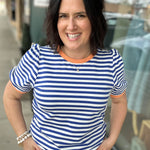 Royal & White Striped Puff Sleeve Top Tops- Sweatshirts JODIFL