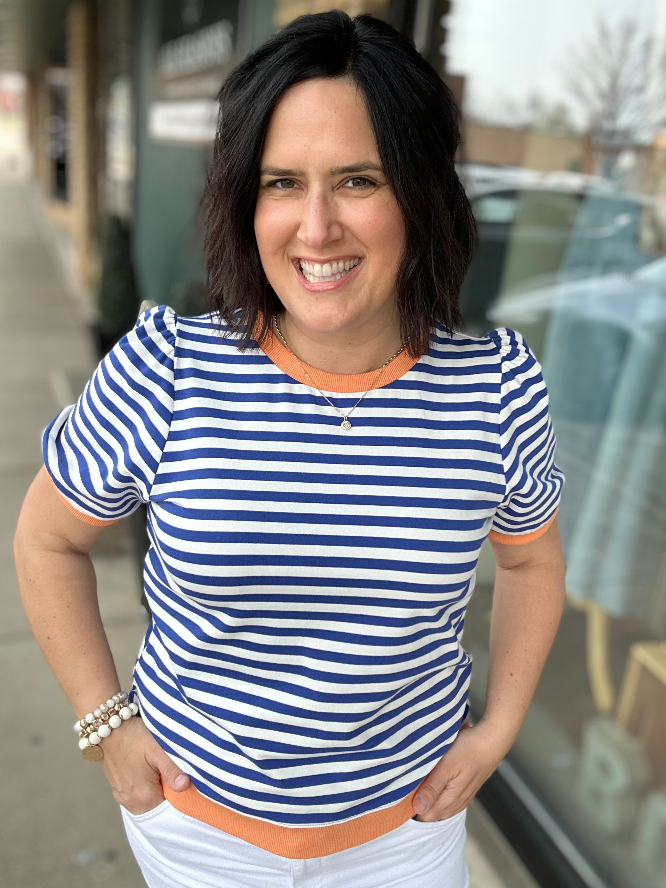 Royal & White Striped Puff Sleeve Top Tops- Sweatshirts JODIFL