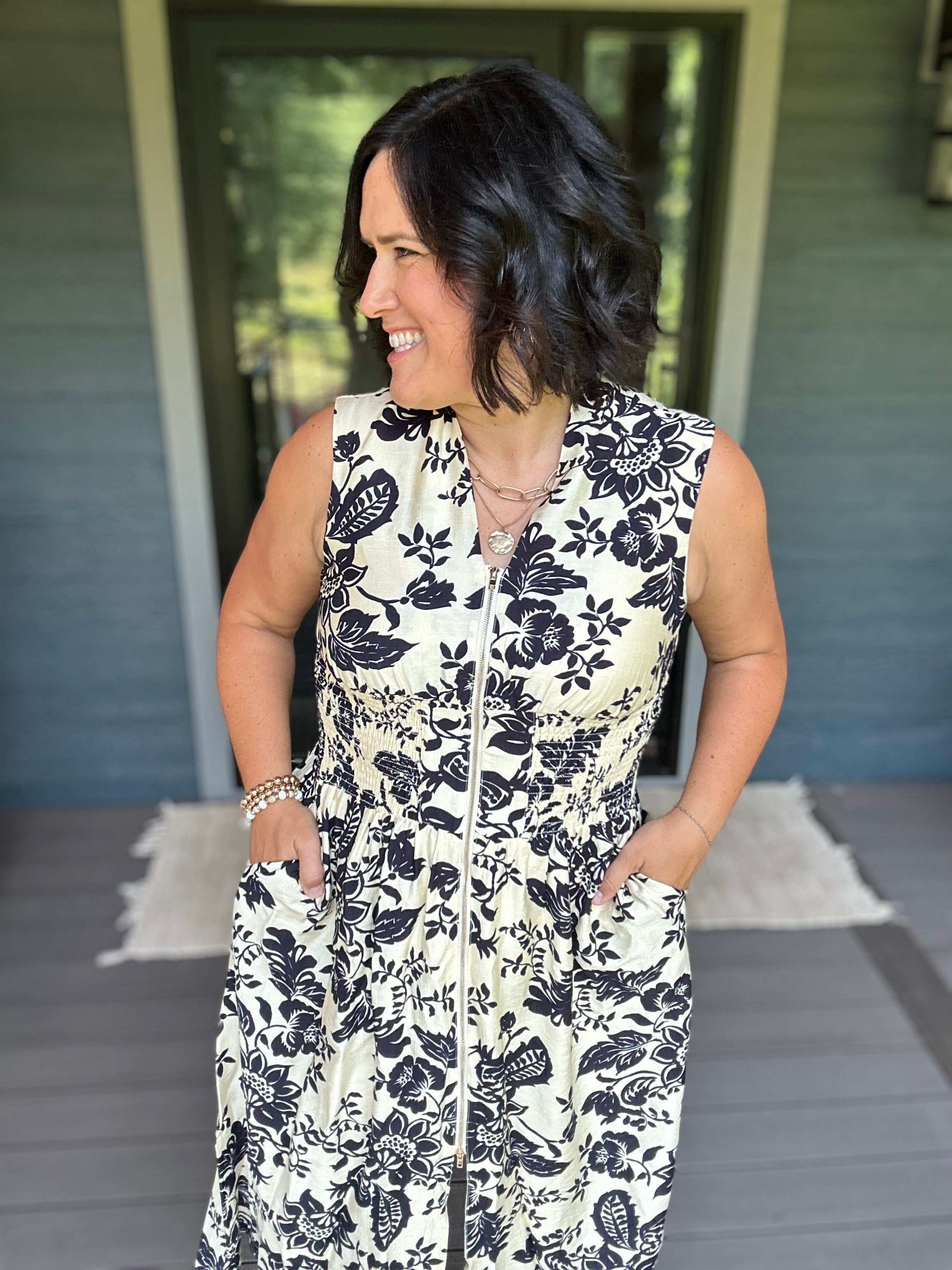 Paisley Print V-Neck Smocked Waist Zip Front Dress Dresses DOE & RAE