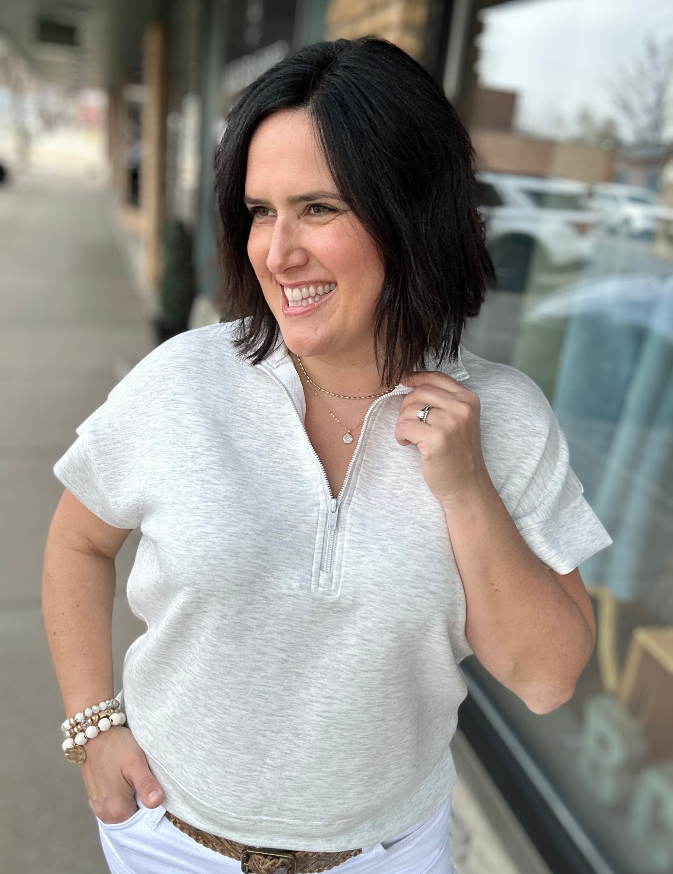 Heather Grey Quarter Zip Short Sleeve Top Top - Tee RAE MODE