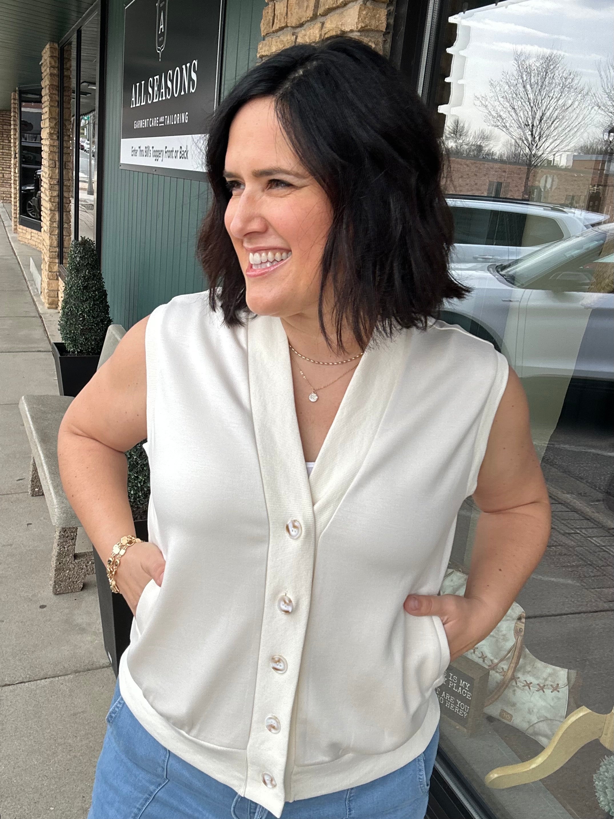 Ivory Button Front Vest Tops- Cardigans DOE & RAE