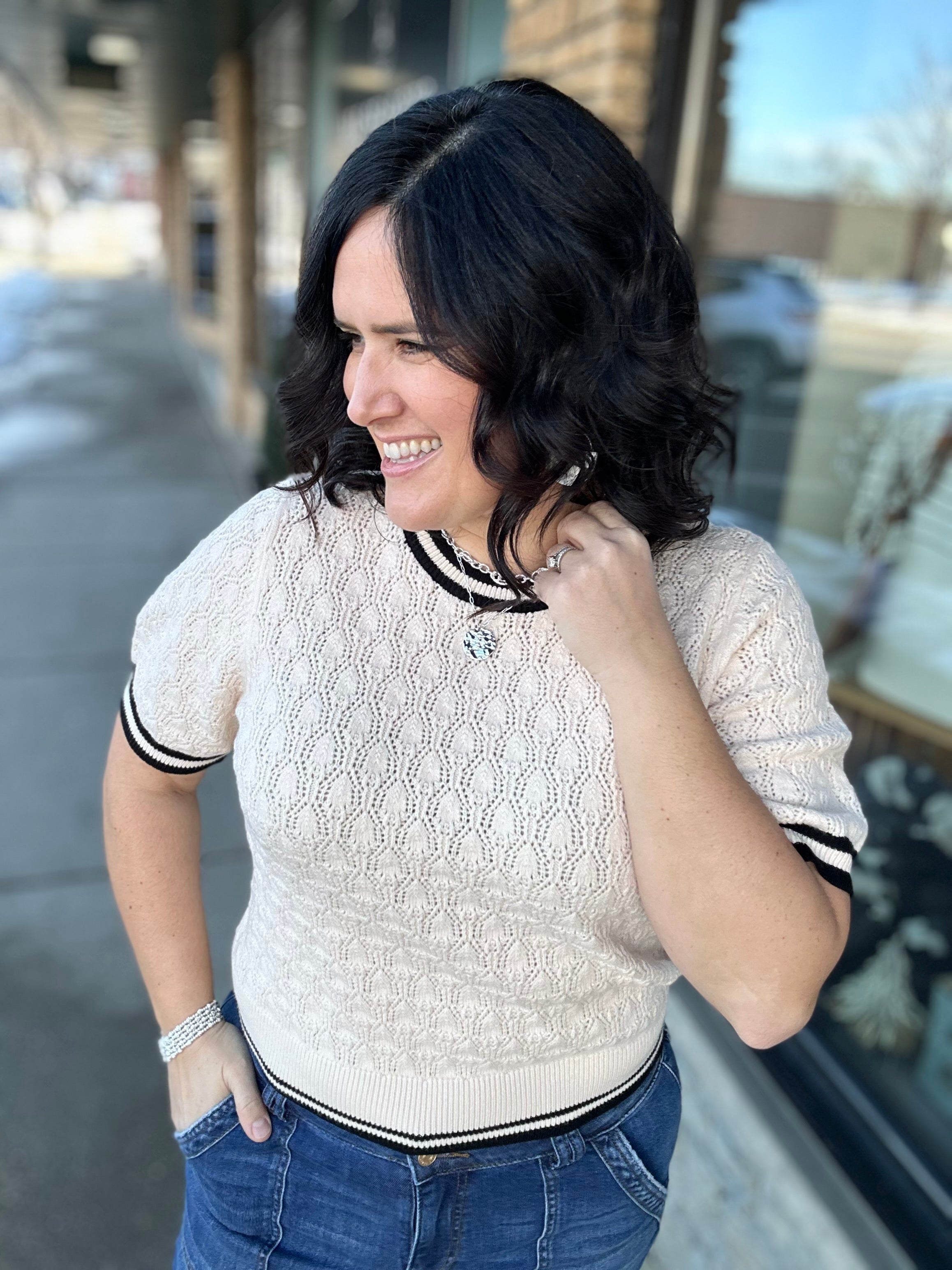 Cream Short Sleeve Knit Top Top - Sweater THML