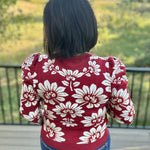 Burgundy Ivory Large Floral Puff Sleeve Knit Sweater Top - Sweater VOY