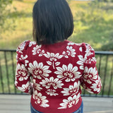 Burgundy Ivory Large Floral Puff Sleeve Knit Sweater Top - Sweater VOY