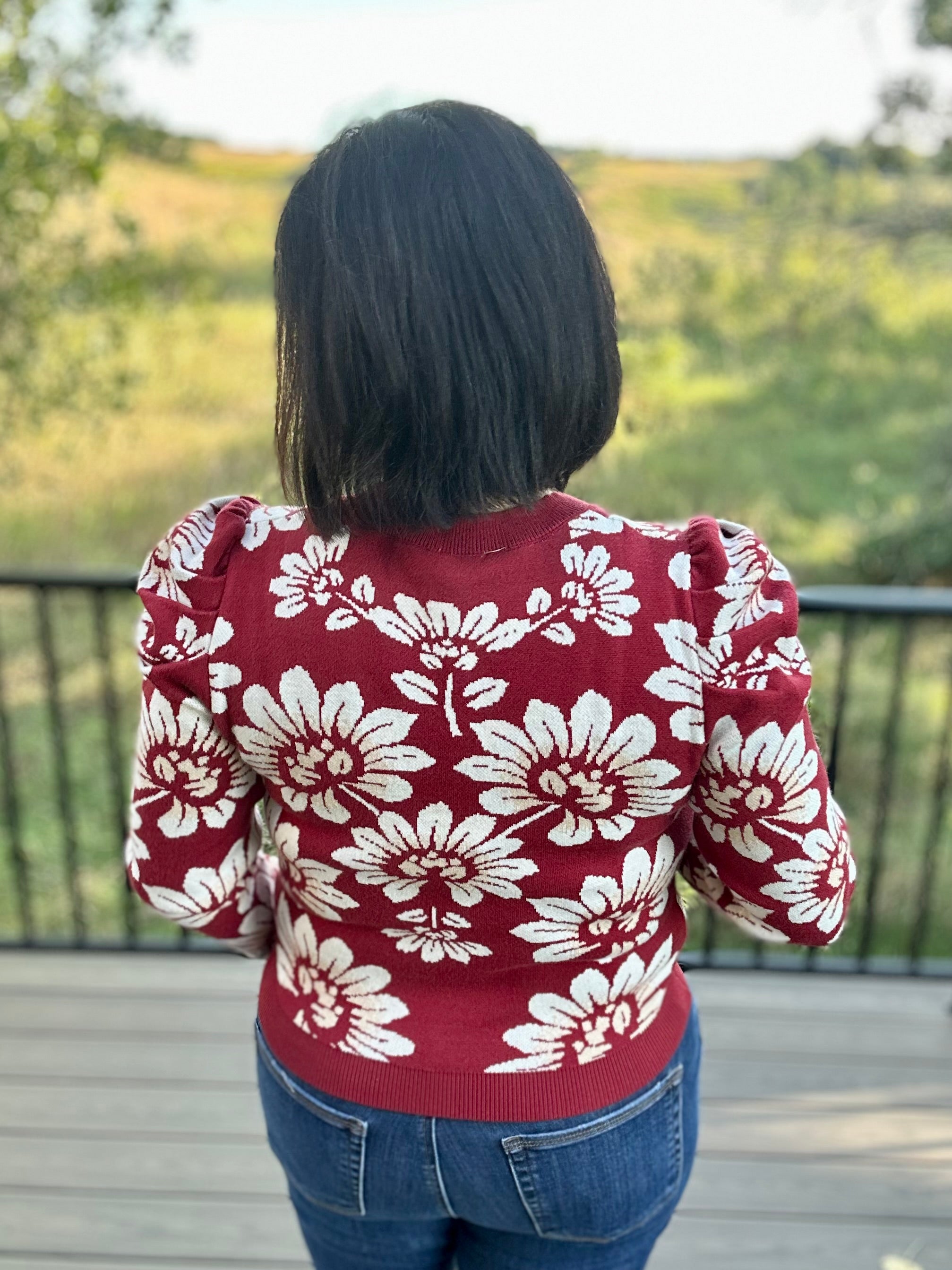 Burgundy Ivory Large Floral Puff Sleeve Knit Sweater Top - Sweater VOY