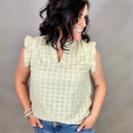 Sage Eyelet Ruffle Cap Sleeve Top Tops- Blouses DOE & RAE