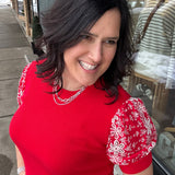 Red Ribbed Floral Eyelet Sleeve Top