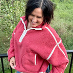 Washed Cherry Sherpa Quarter Zip Pullover Top - Sweatshirt MIOU MUSE