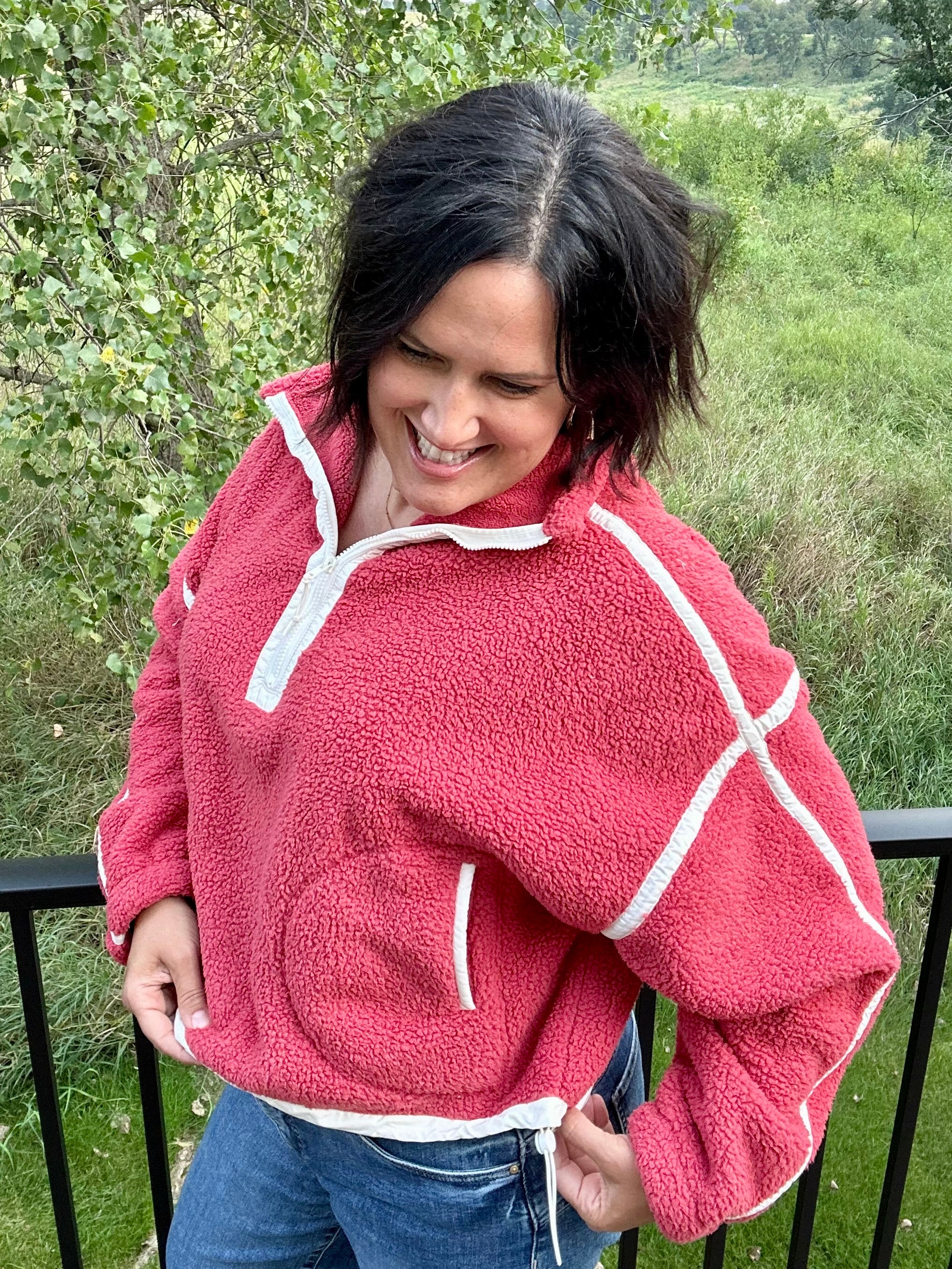 Washed Cherry Sherpa Quarter Zip Pullover Top - Sweatshirt MIOU MUSE