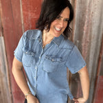 Dark Denim Short Sleeve Tencel Denim Shirt Tops - Button Ups DOE & RAE