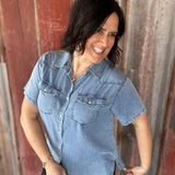 Dark Denim Short Sleeve Tencel Denim Shirt Tops - Button Ups DOE & RAE