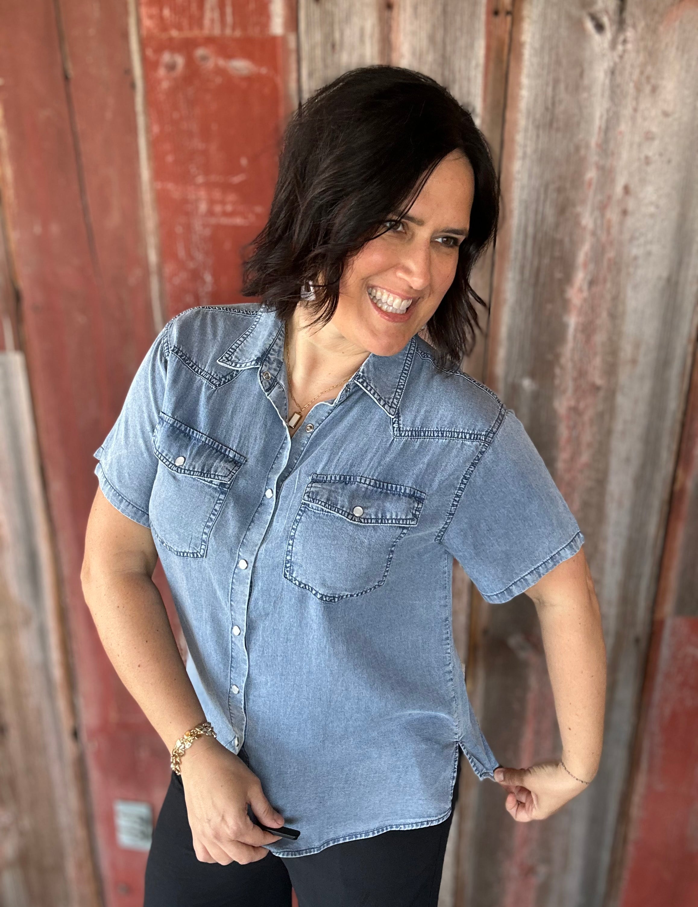Dark Denim Short Sleeve Tencel Denim Shirt Tops - Button Ups DOE & RAE