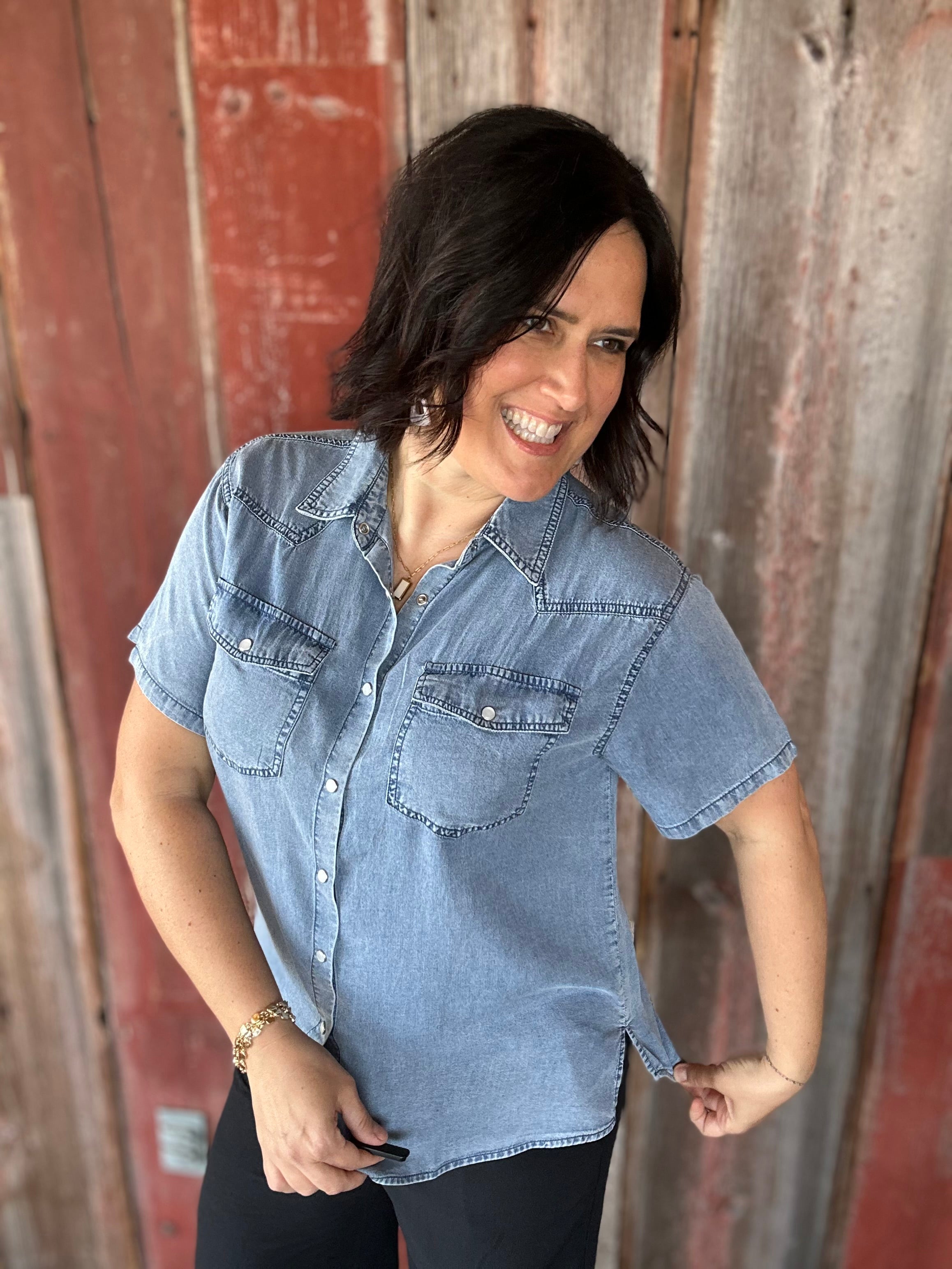 Dark Denim Short Sleeve Tencel Denim Shirt Tops - Button Ups DOE & RAE