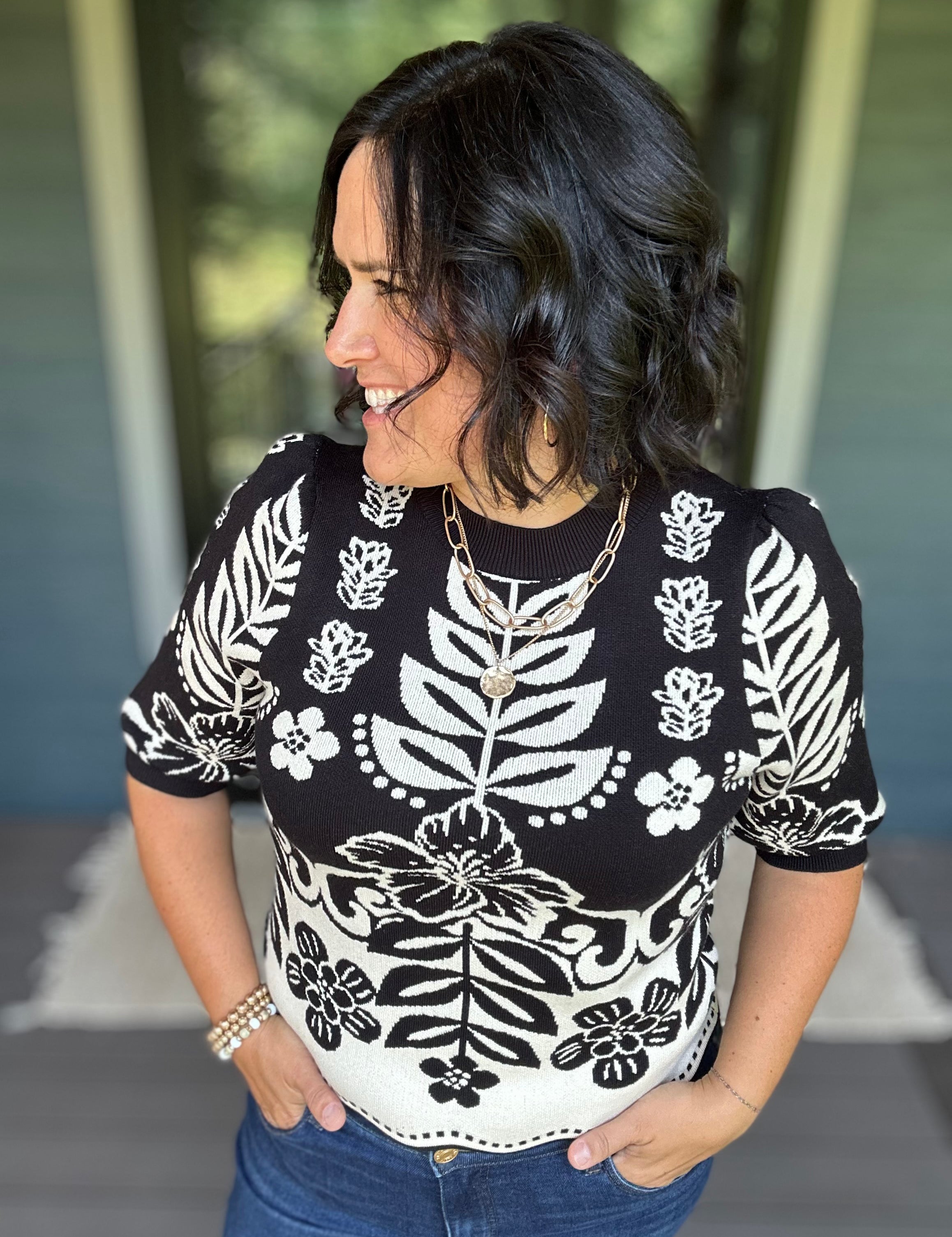 Black Botanical Knit Sweater Top - Sweater THML