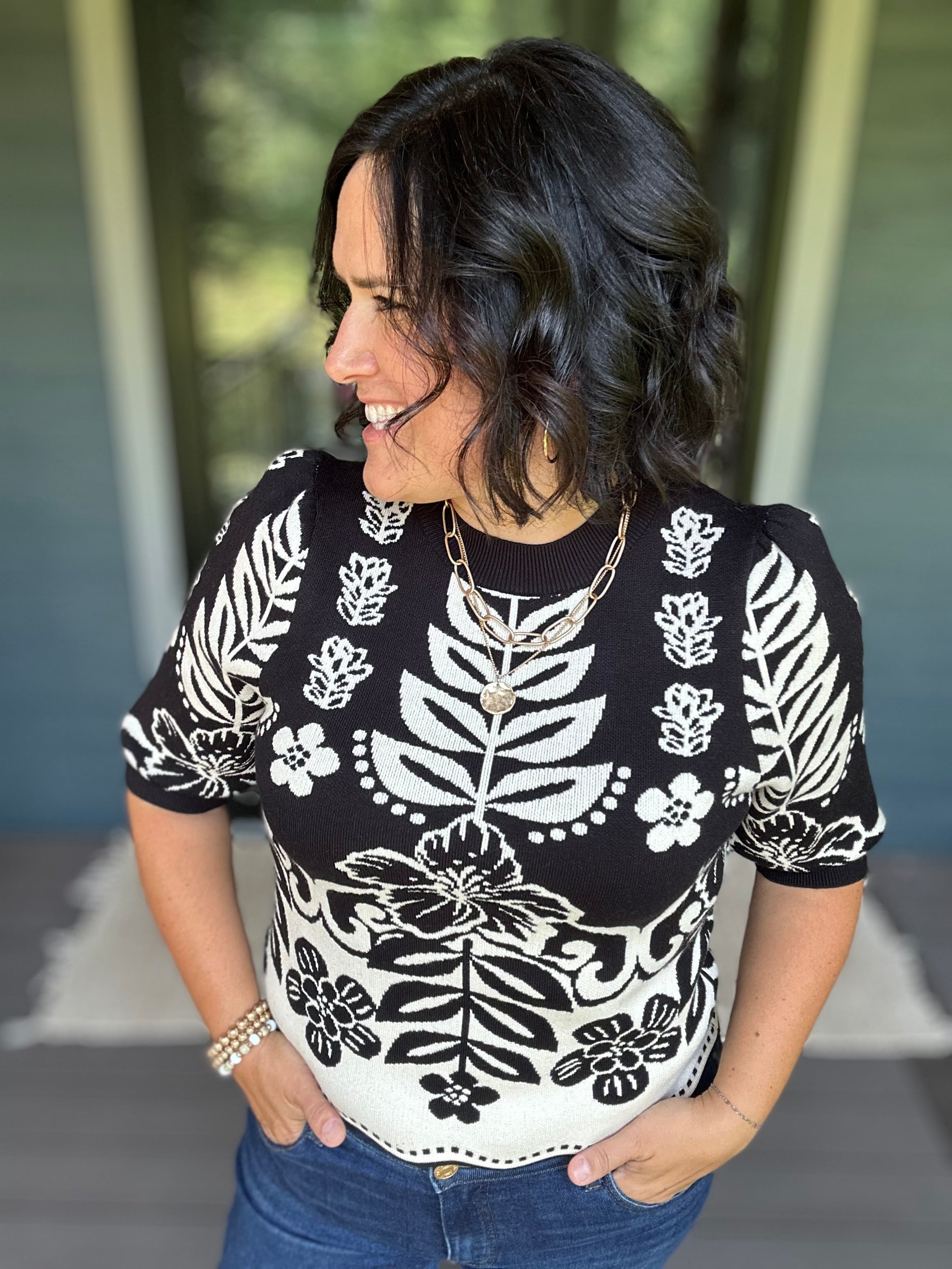 Black Botanical Knit Sweater Top - Sweater THML