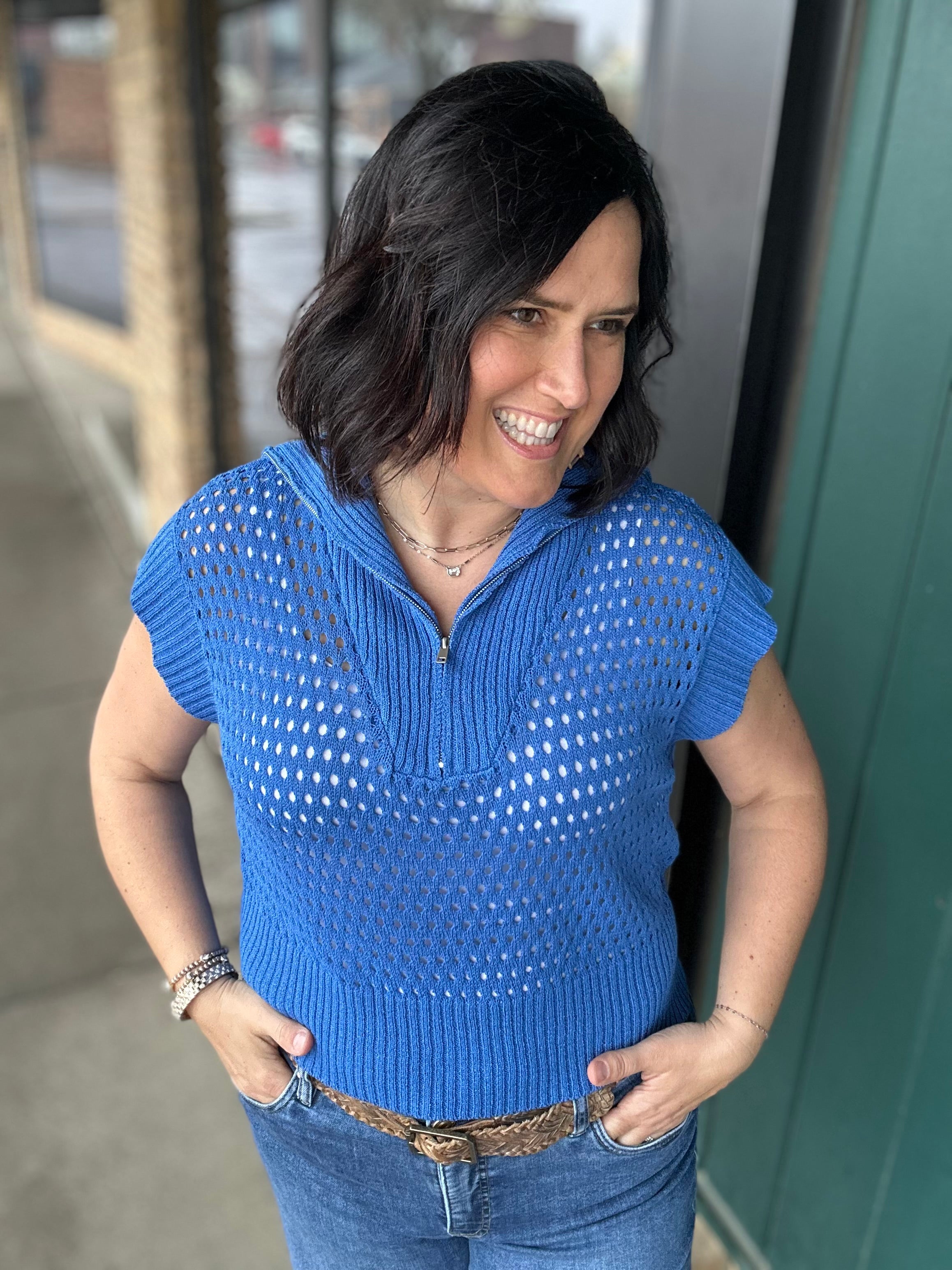 Royal Blue Zip Up Sweater Top - Sweater Mystree