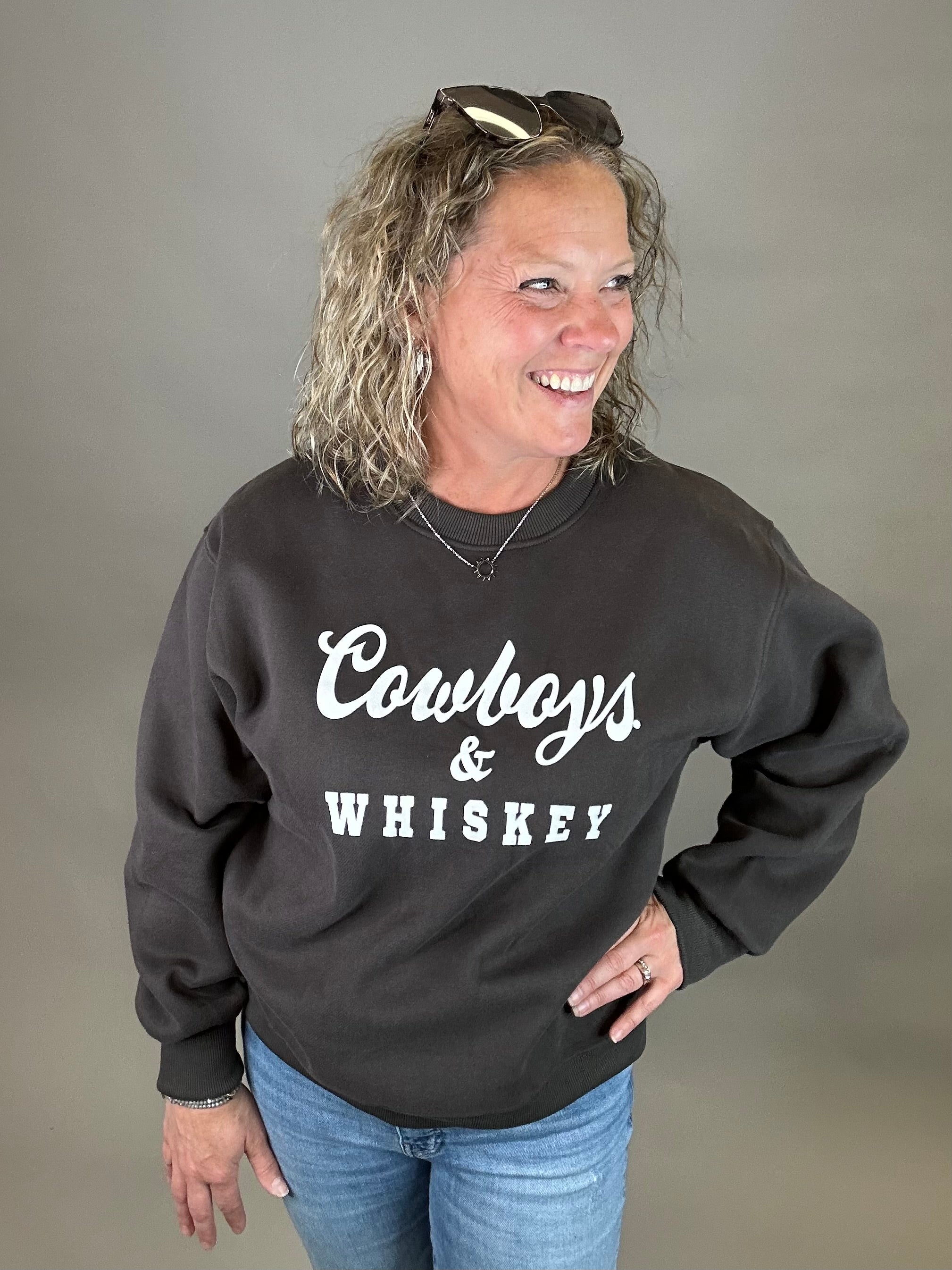 Charcoal Whiskey & Cowboys Sweatshirt Top- Sweatshirt PANACHE