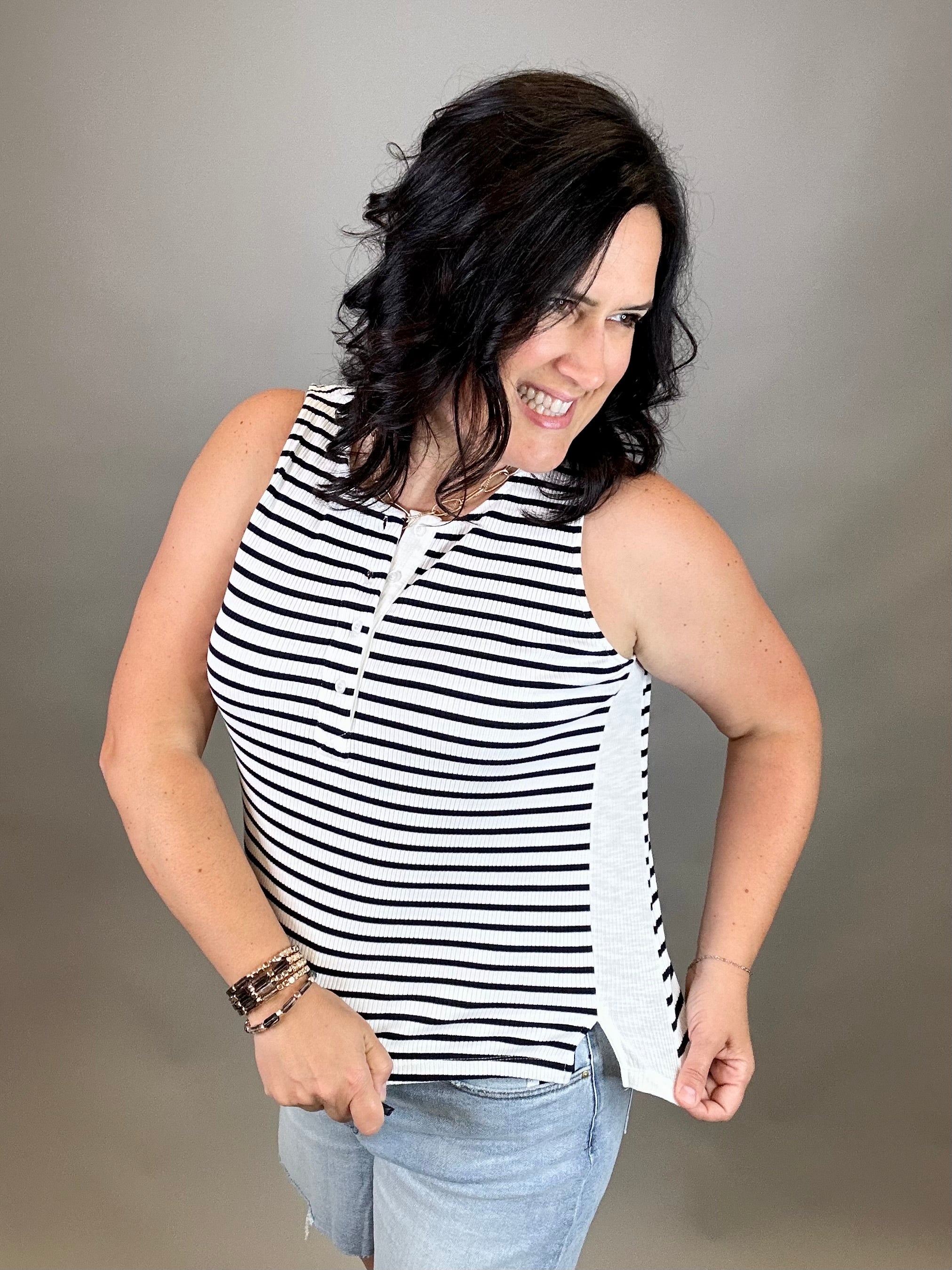 White/Navy Striped Ribbed Sleeveless Top Tops- Tanks DOE & RAE