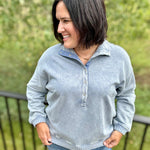 Denim Washed Half Button Sweatshirt Top- Sweatshirt TRES BIEN