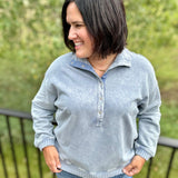 Denim Washed Half Button Sweatshirt Top- Sweatshirt TRES BIEN